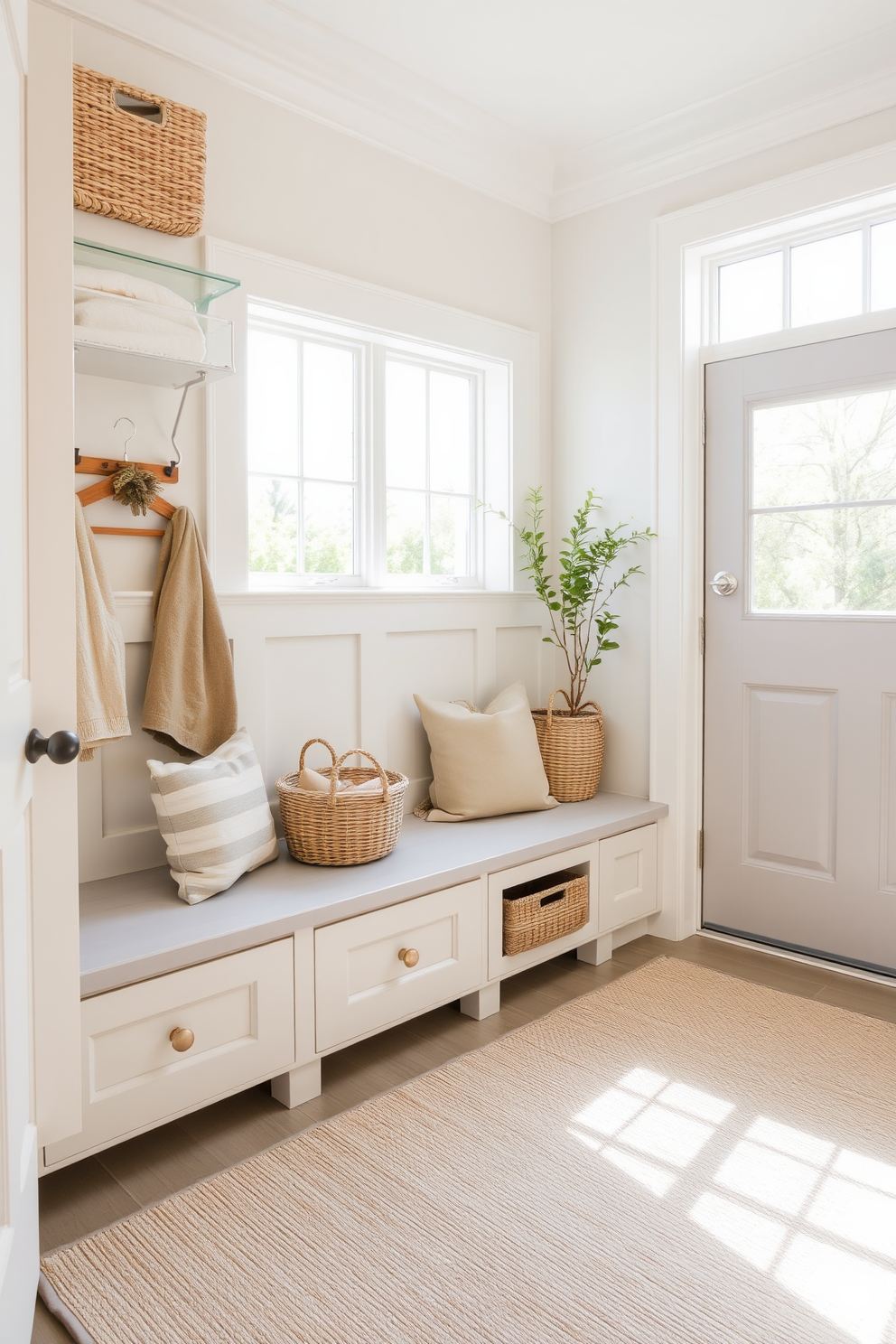 A serene mudroom designed with a neutral color palette that promotes calmness. The space features built-in storage with soft beige cabinetry and a light gray bench, complemented by a textured area rug in muted tones. Natural light floods the room through a large window, illuminating the soft white walls and creating a welcoming atmosphere. Accessories include woven baskets for organization and a few potted plants to add a touch of greenery.