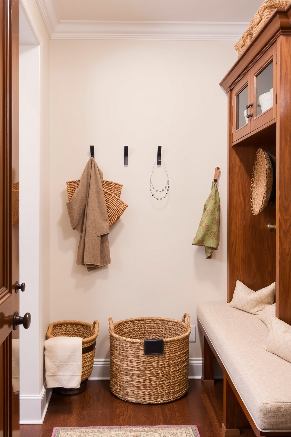 A luxury mudroom features decorative baskets that provide organized storage while adding a touch of elegance. The room is designed with a combination of rich wood cabinetry and soft, neutral colors to create a welcoming atmosphere.