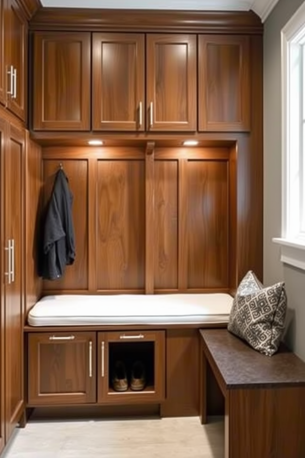 A luxury mudroom design featuring a spacious layout with built-in benches and ample storage. The walls are painted in a soft gray, complemented by colorful accent pillows and decorative hooks that add a vibrant touch.