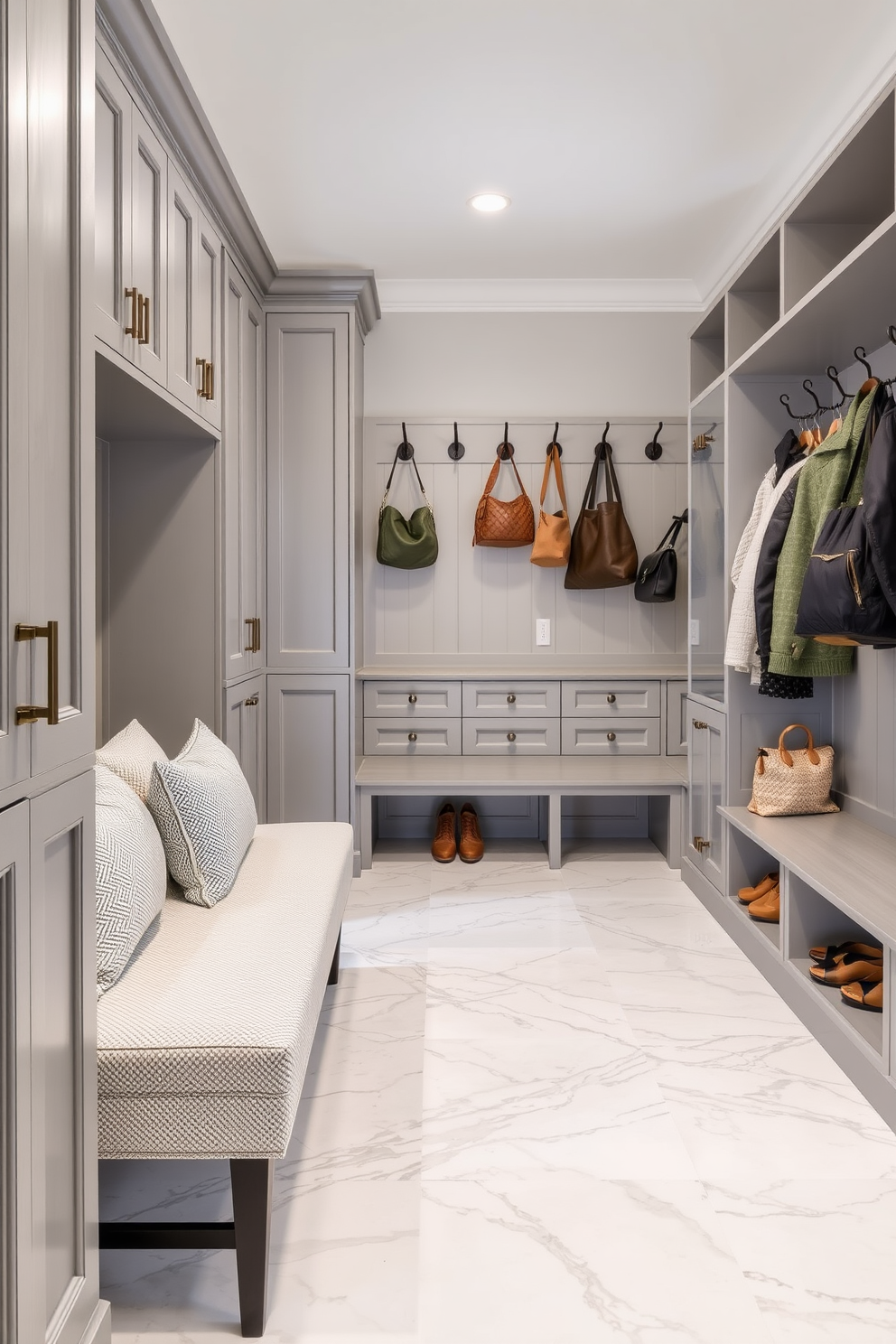 Elegant marble flooring accents the spacious mudroom, providing a sophisticated foundation. Custom cabinetry in a soft gray hue complements the flooring, offering ample storage for shoes and outerwear. A stylish bench upholstered in a neutral fabric invites comfort while putting on or taking off shoes. Decorative hooks line the walls, showcasing a curated selection of bags and jackets for an organized yet chic look.