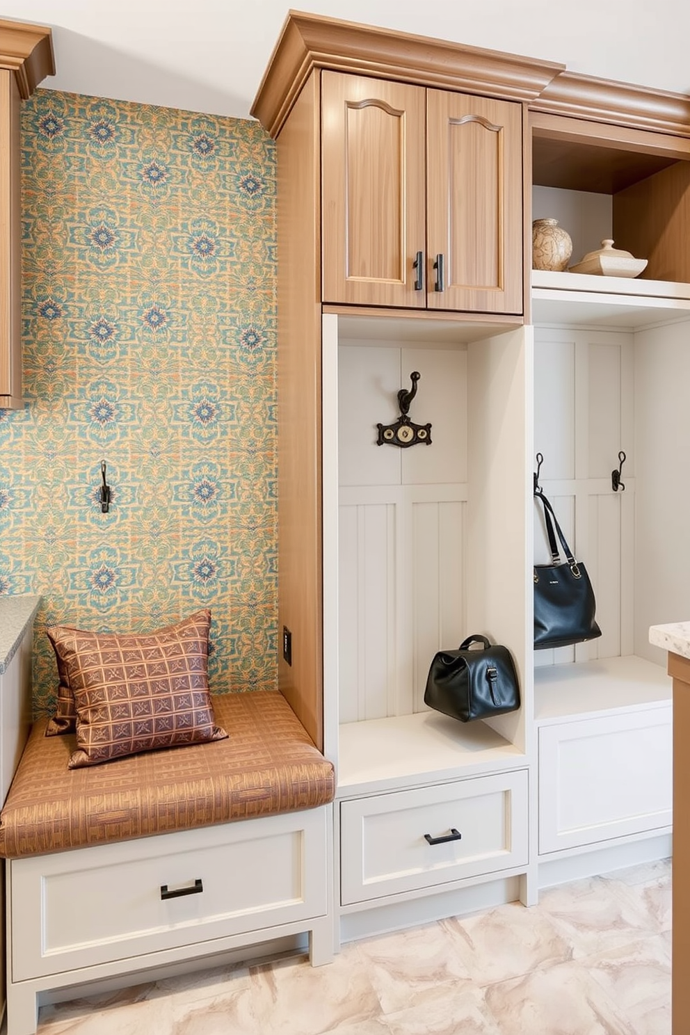 A stylish tile backsplash featuring intricate geometric patterns in vibrant colors adds flair to the kitchen. The tiles are arranged in a herringbone pattern, creating a striking visual impact that complements the cabinetry. For the luxury mudroom design, envision a spacious area with custom built-in storage solutions. The space is adorned with elegant finishes, including a plush bench upholstered in high-end fabric and decorative hooks for coats and bags.