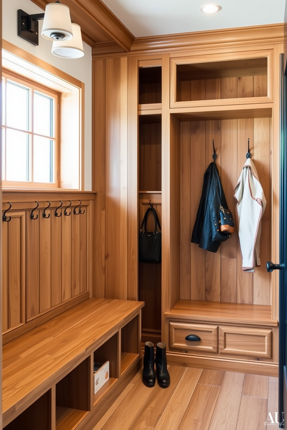 A luxury mudroom featuring natural wood tones that create a warm and inviting atmosphere. The space includes custom-built wooden benches and cabinets, complemented by elegant lighting fixtures and stylish hooks for coats and bags.