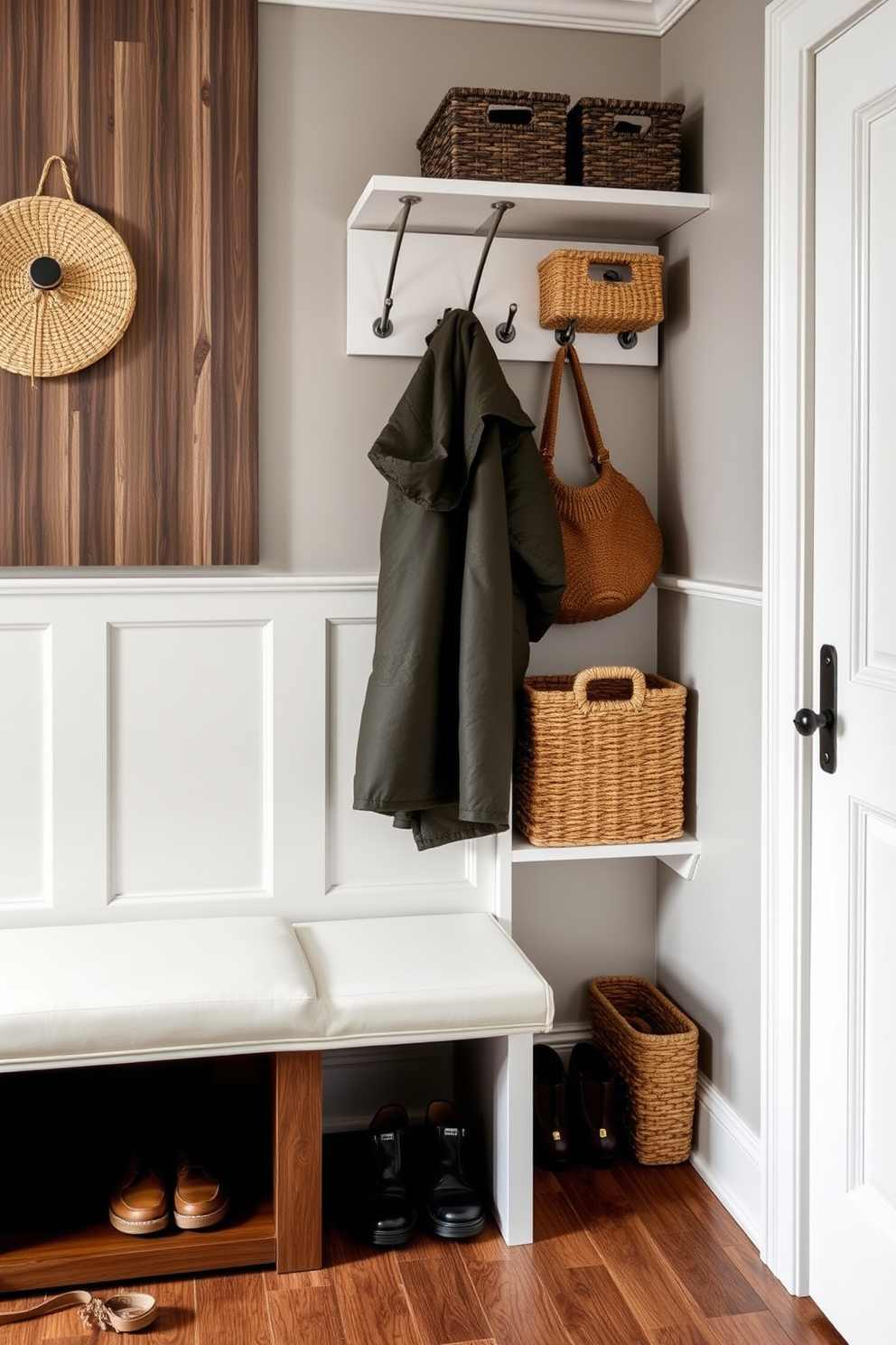 A luxury mudroom features multi-functional furniture that combines style and practicality. A sleek bench with hidden storage underneath provides a perfect spot for putting on shoes while keeping the space organized. A wall-mounted coat rack complements the design, offering ample space for hanging outerwear. Stylish baskets are placed on shelves, adding texture and functionality to the overall aesthetic.