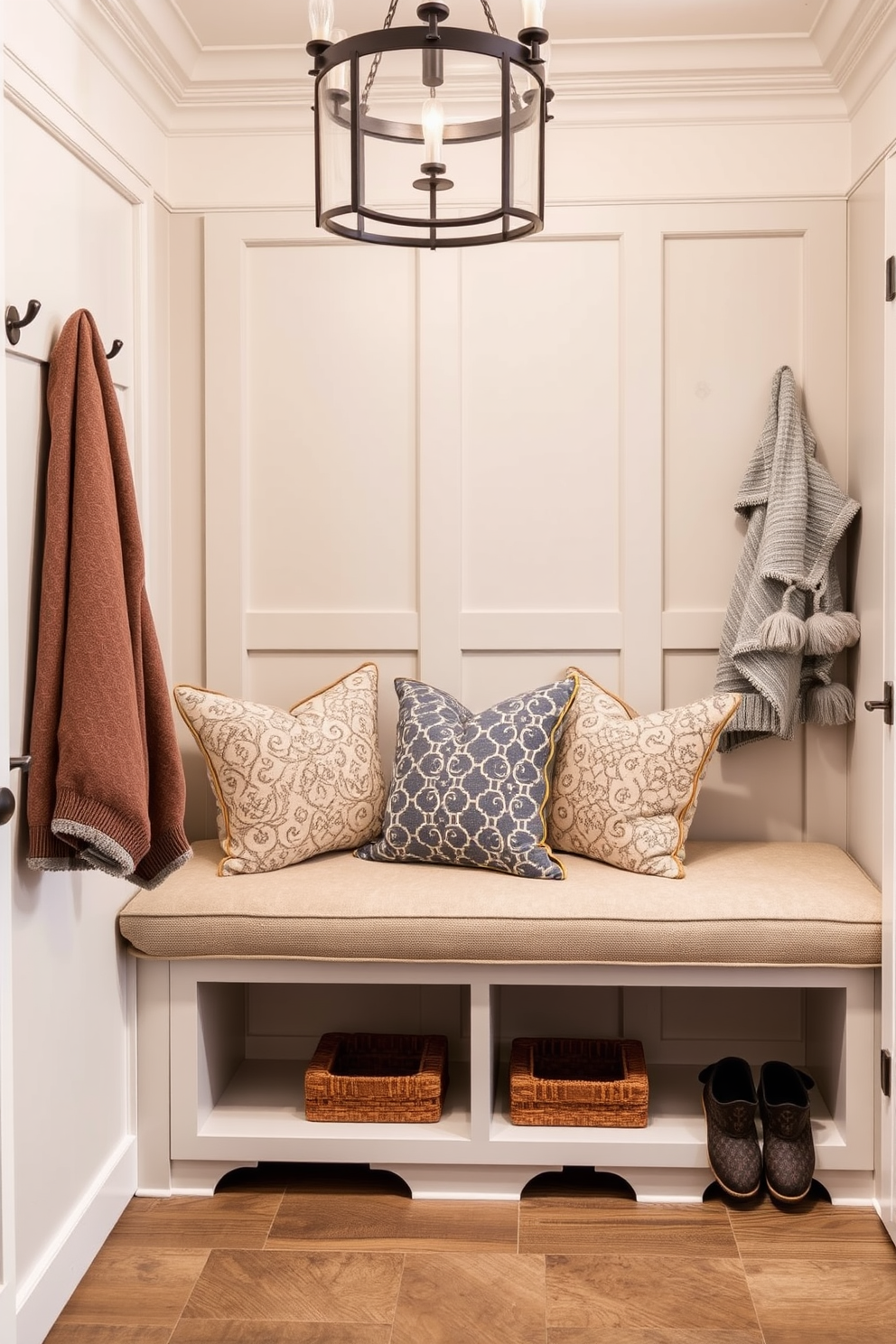 Custom bench with plush cushions in a luxury mudroom. The bench is upholstered in a soft fabric and adorned with decorative throw pillows, creating a welcoming and comfortable seating area.