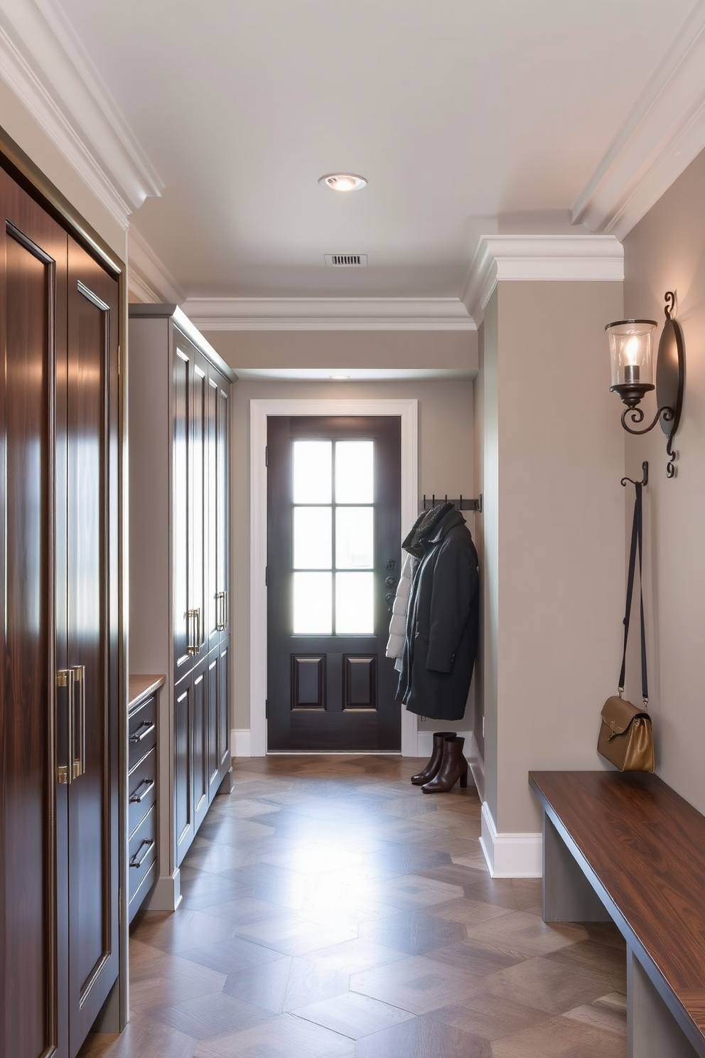 A spacious mudroom with large windows that offer a stunning view of the outdoors. The room features built-in benches with plush cushions and ample storage for shoes and outdoor gear. The walls are painted in a soft gray hue, complemented by natural wood accents throughout. A stylish area rug adds warmth, while potted plants bring a touch of nature indoors.