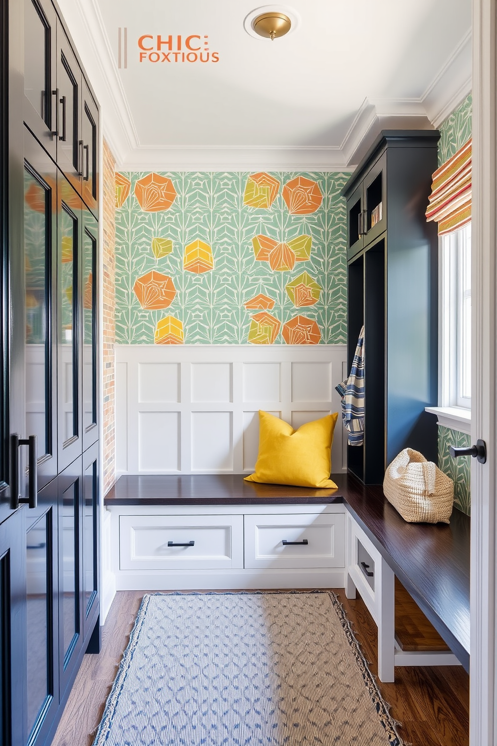 Chic wallpaper for vibrant personality. Imagine a lively space adorned with bold, geometric patterns in bright colors that energize the room and reflect a playful spirit. Luxury Mudroom Design Ideas. Envision a spacious mudroom featuring custom-built storage solutions, elegant cabinetry, and a stylish bench with plush cushions, creating a welcoming and functional entryway.