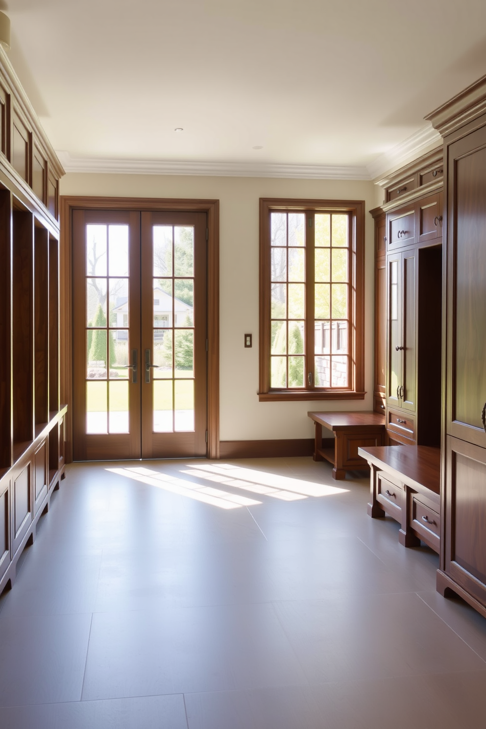 A luxurious mudroom featuring large glass doors that allow natural light to flood the space. The room is designed with elegant storage solutions, including built-in benches and cabinets, all finished in a rich wood tone.