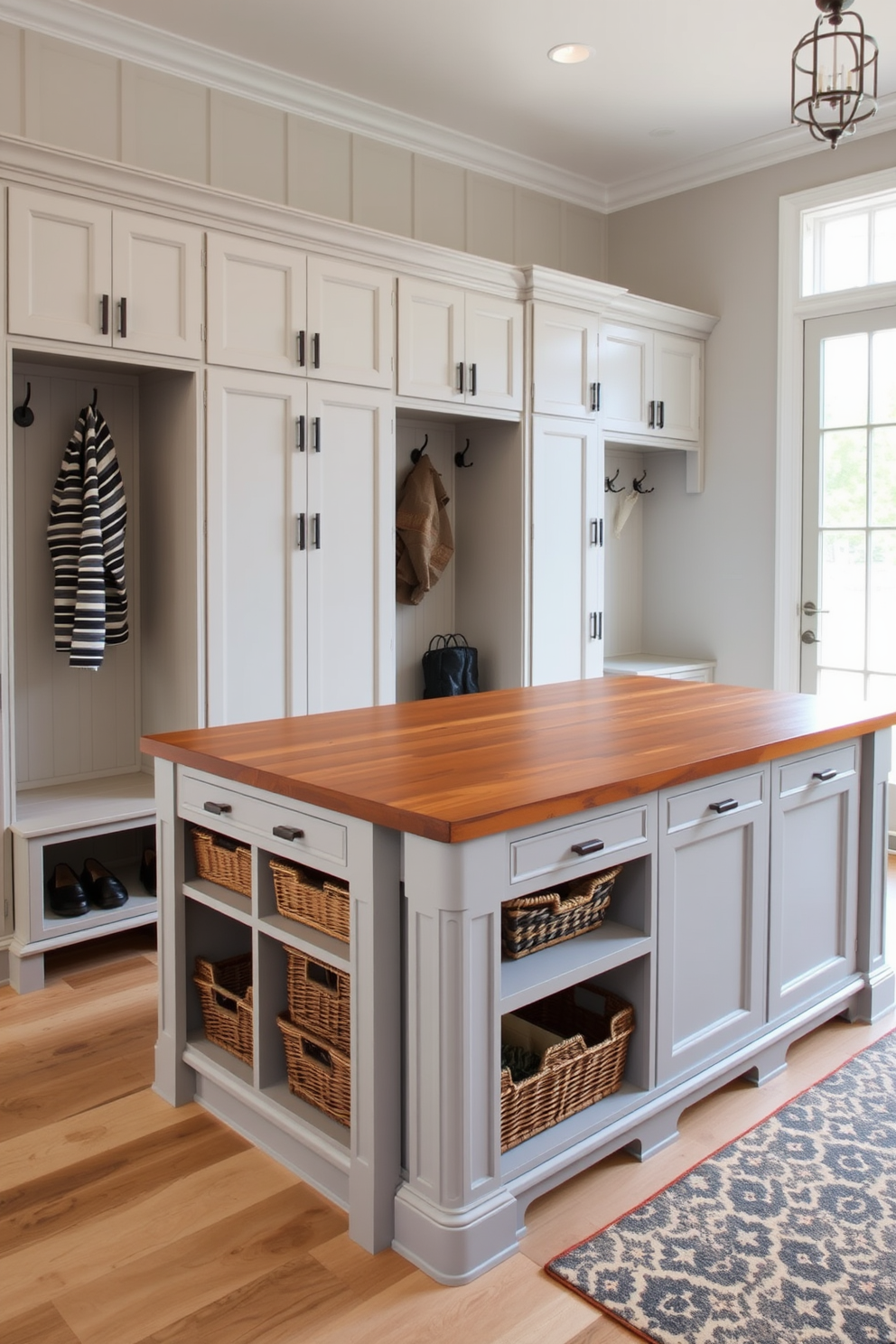 A spacious mudroom island features a combination of open and closed storage options. The island is topped with a rich wood surface, complemented by elegant cabinetry painted in a soft gray hue. Beneath the island, there are built-in cubbies for shoes and baskets for organization. The walls are adorned with hooks for coats, and a large window allows natural light to brighten the space.