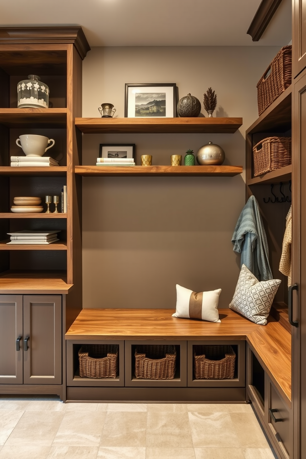 A luxury mudroom features an integrated pet washing station designed for convenience. The space includes built-in cabinetry with ample storage, a stylish bench for seating, and durable flooring that withstands wear and tear.