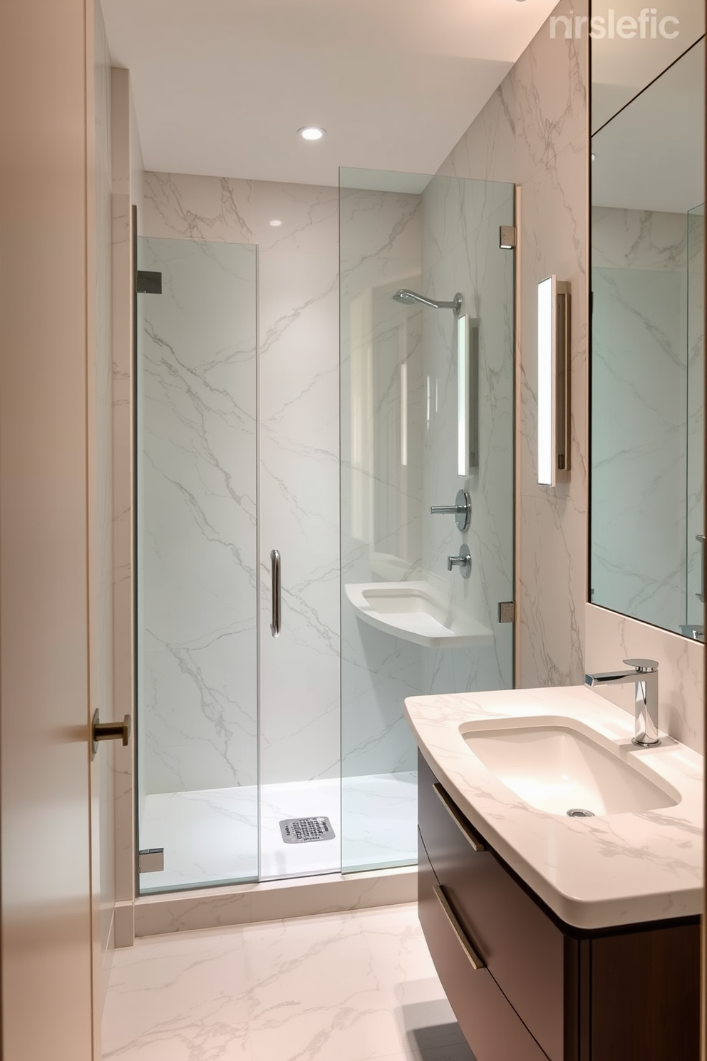 A luxurious powder room featuring a glass shower enclosure surrounded by elegant marble tiles. The space is adorned with a sleek vanity topped with a polished stone surface, complemented by stylish fixtures and ambient lighting.