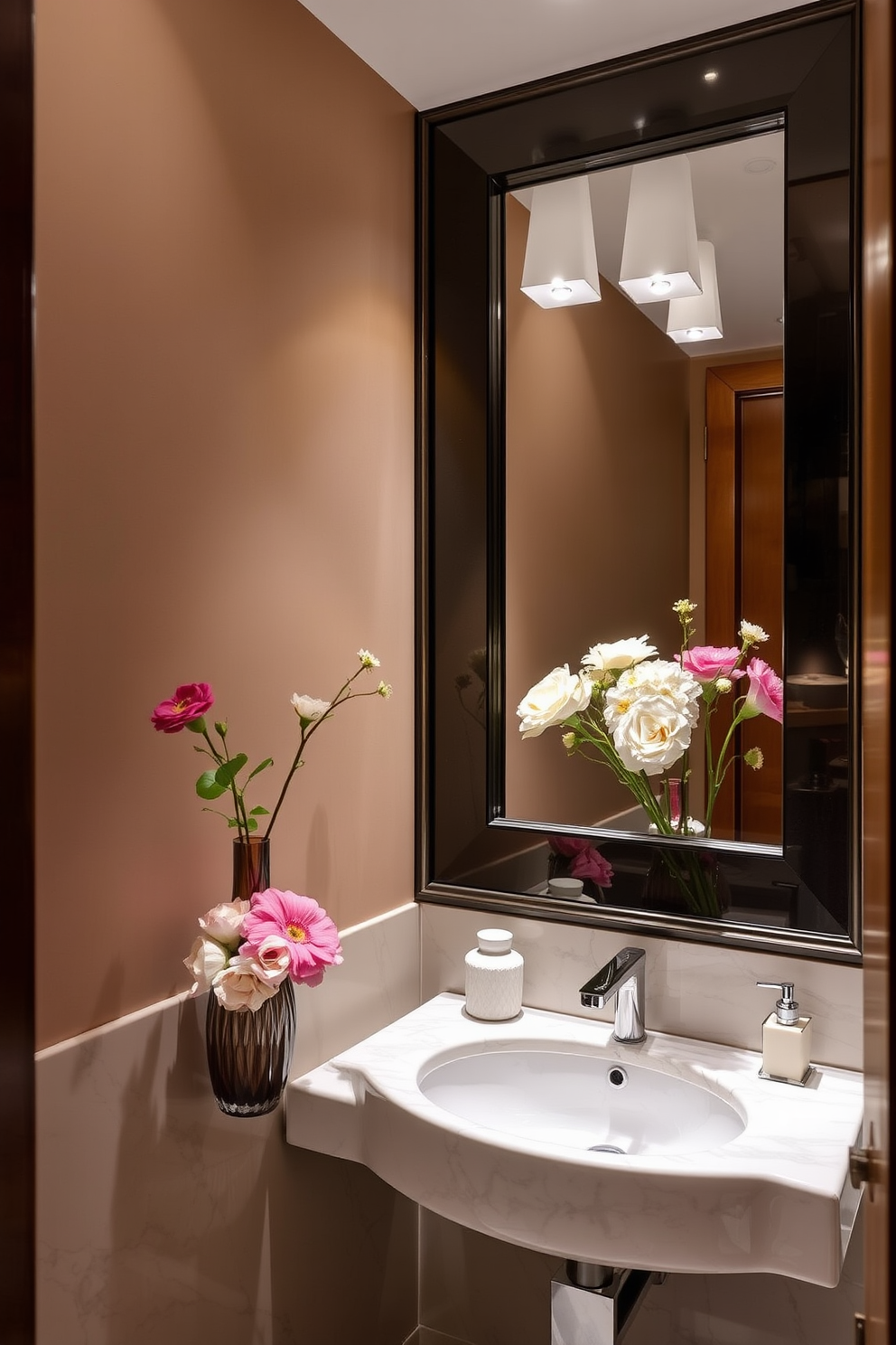 A luxury powder room featuring decorative vases filled with fresh flowers. The space is elegantly designed with soft lighting and rich textures that enhance the ambiance.