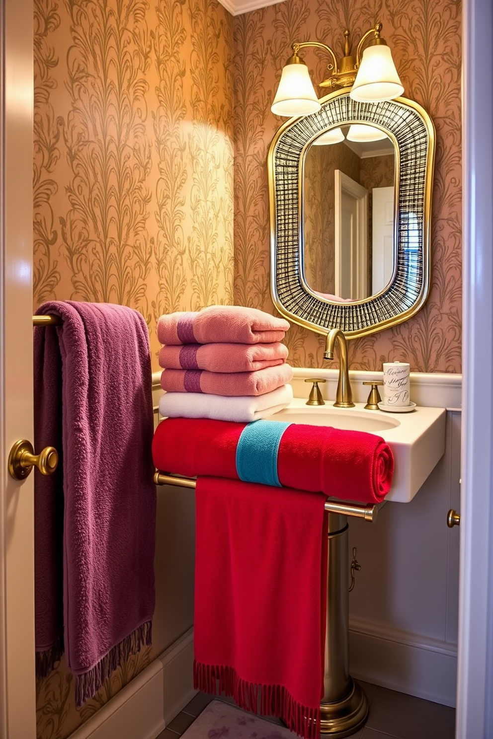 Plush towels in coordinated color schemes are neatly arranged on a stylish towel rack. The powder room features elegant fixtures and a chic color palette that enhances the sense of luxury. The walls are adorned with tasteful wallpaper that complements the towel colors. A decorative mirror above the sink adds a touch of sophistication, reflecting the warm ambient lighting.