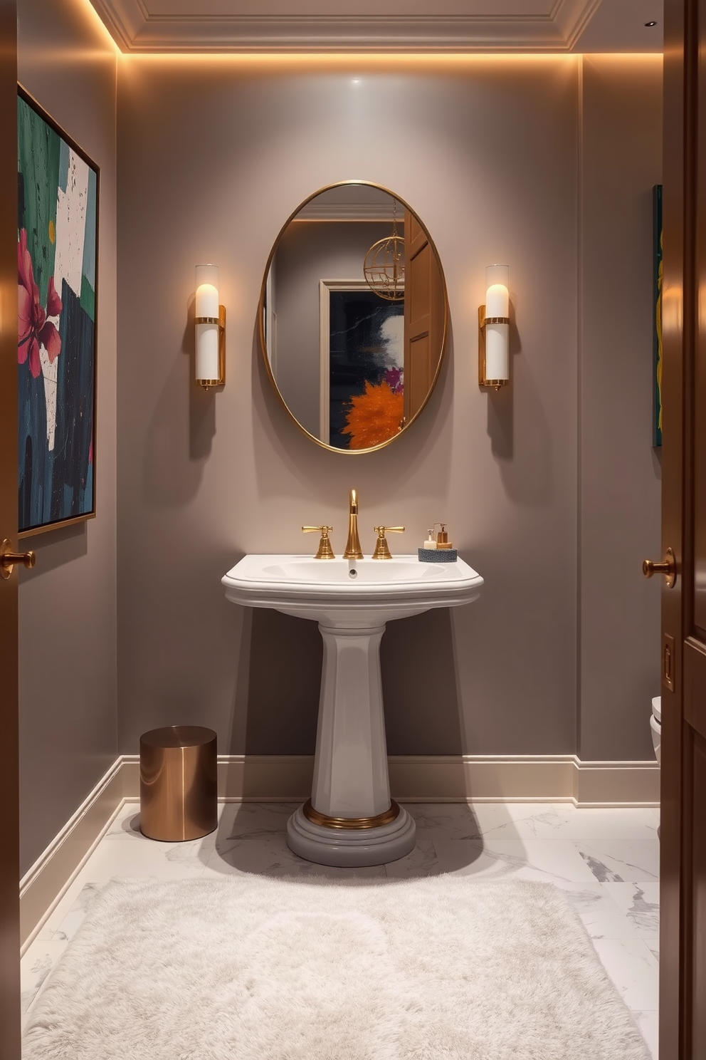 A luxury powder room featuring an elegant pedestal sink with a gold faucet. The walls are adorned with vibrant abstract art pieces that add a pop of color and sophistication to the space. The floor is covered with a plush area rug that complements the overall color scheme. Soft ambient lighting highlights the artwork and creates a warm and inviting atmosphere.