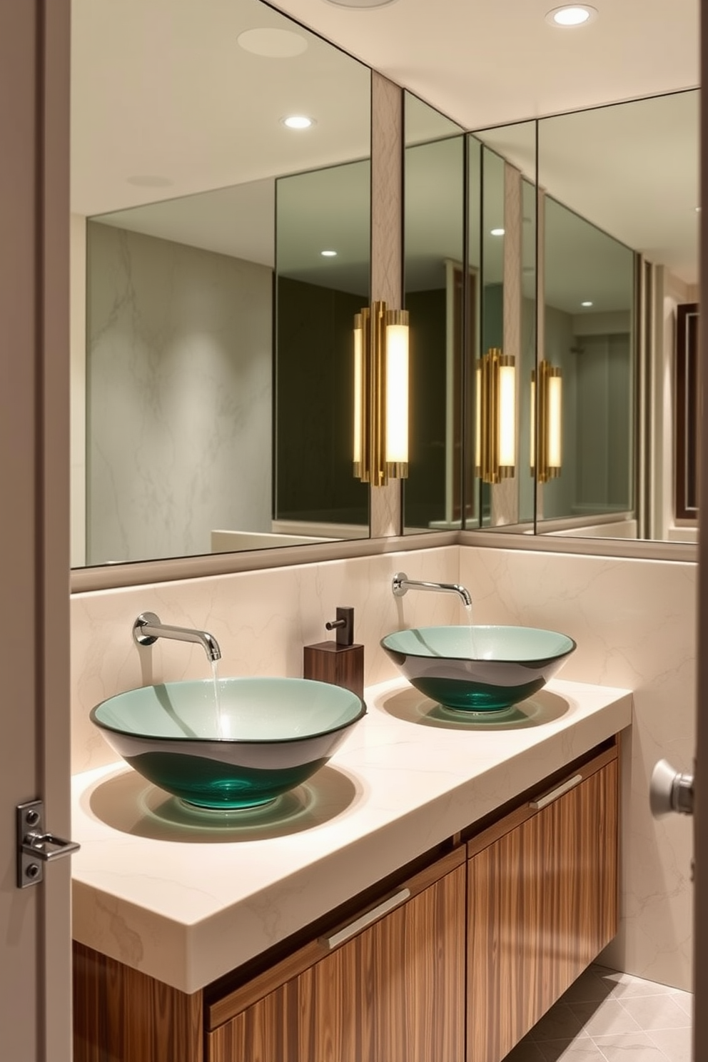 A luxury powder room featuring unique vessel sinks as the centerpiece. The sinks are elegantly designed and sit atop a sleek wooden vanity, complemented by stylish fixtures and ambient lighting.