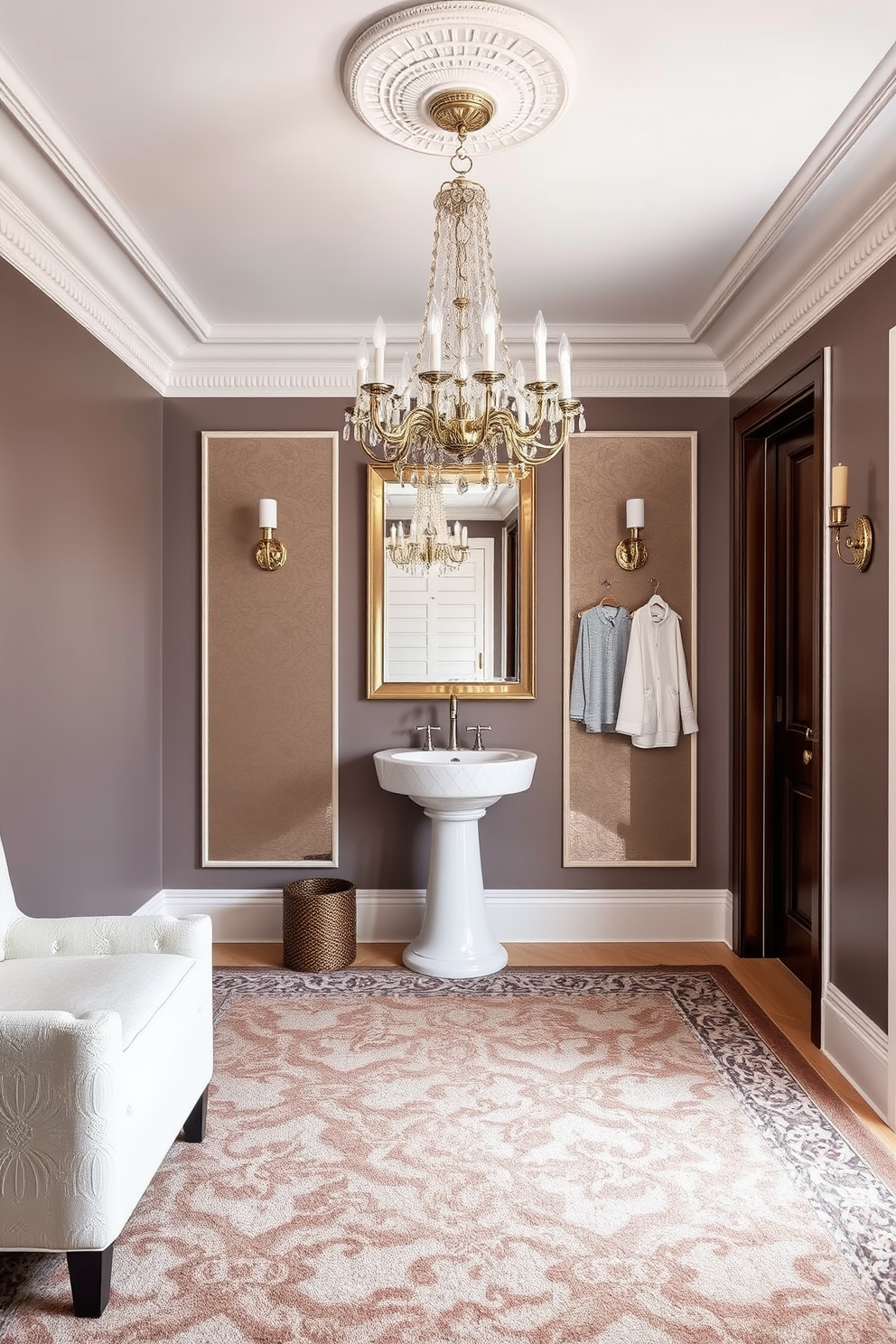 A luxury powder room featuring intricate tile patterns that create a stunning visual impact on the floor. The walls are adorned with elegant wallpaper that complements the tile design, while a chic pedestal sink adds a touch of sophistication.