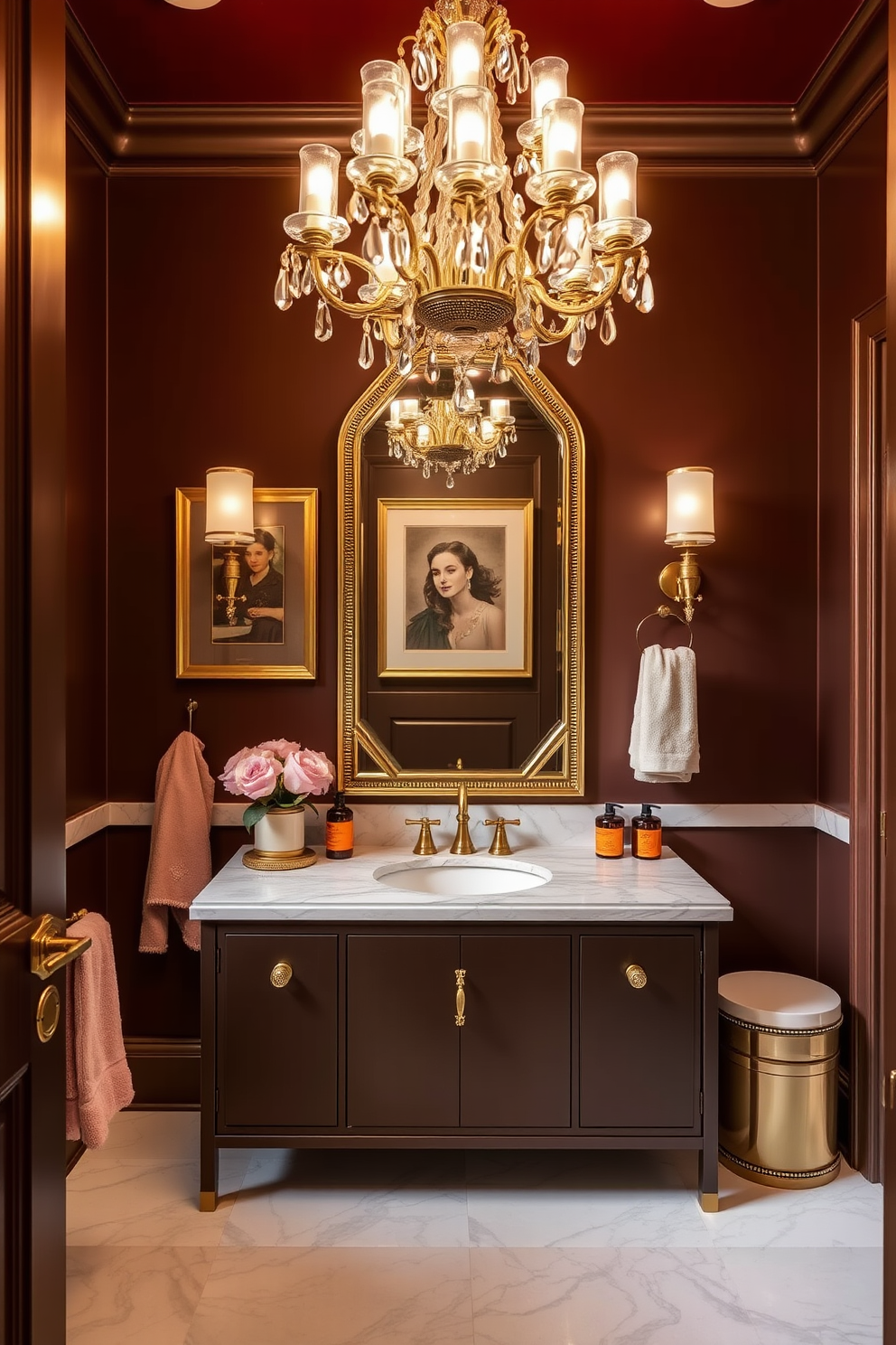 A luxury powder room features elegant gold and brass accents that enhance the overall sophistication of the space. The walls are adorned with a rich, deep color, complemented by a stunning chandelier that casts a warm glow. The vanity is a statement piece with a sleek marble top and a stylish sink, framed by ornate gold fixtures. Decorative elements such as framed artwork and plush towels in coordinating colors add a touch of refinement to the room.