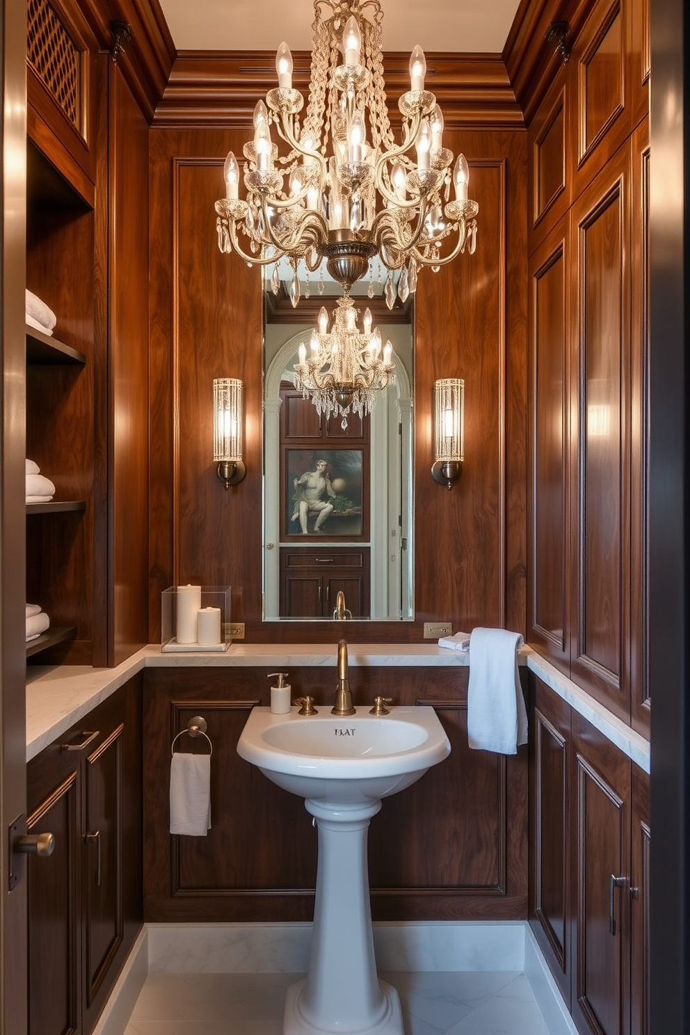 Custom cabinetry for additional storage creates a seamless blend of functionality and elegance. The cabinetry features intricate woodwork with a rich finish, providing ample space for toiletries and linens while enhancing the overall aesthetic of the powder room. Luxury powder room design ideas incorporate high-end materials and sophisticated fixtures. A statement chandelier hangs from the ceiling, casting a warm glow over a stylish pedestal sink and elegant wall-mounted faucets.