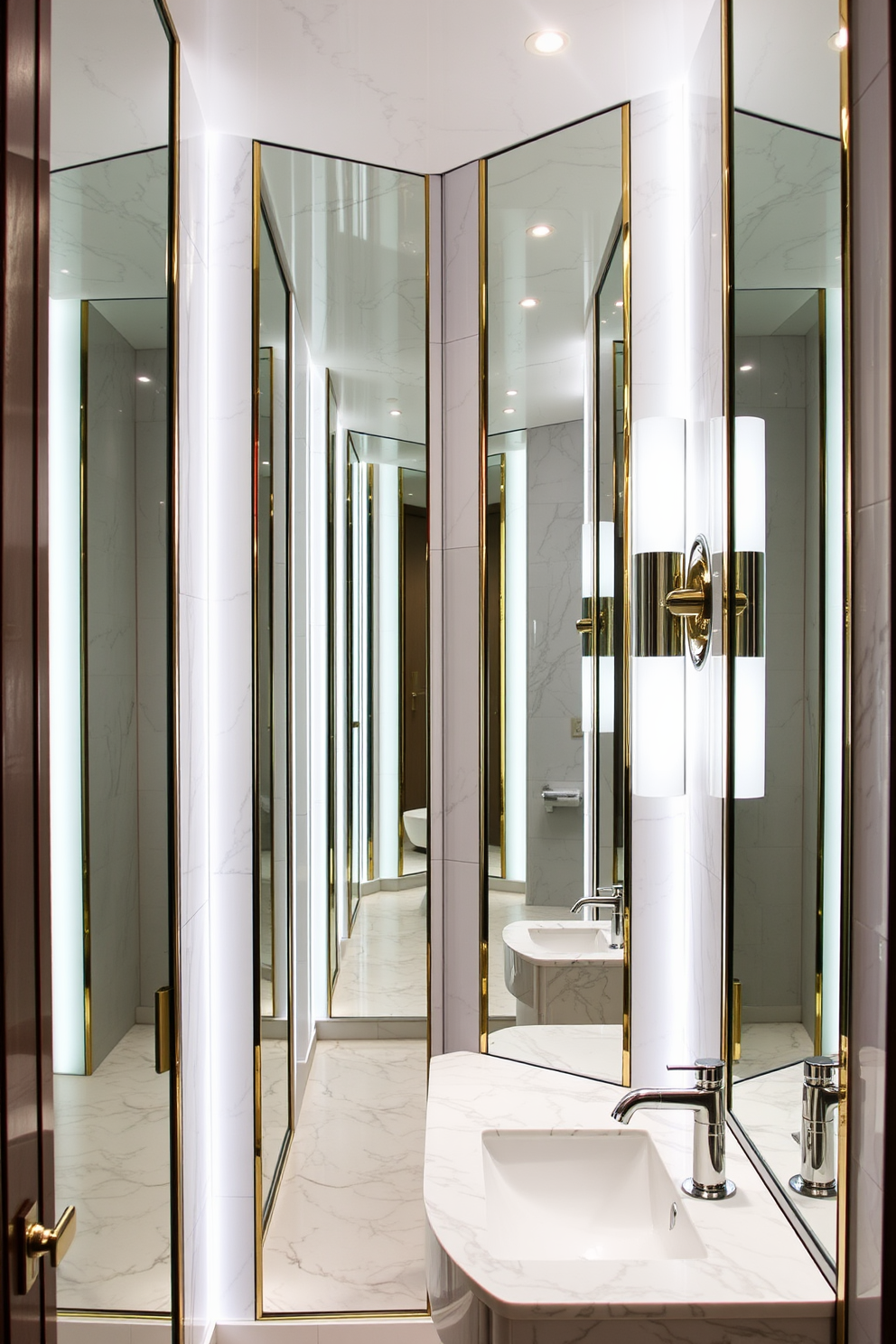 A luxury powder room features floor-to-ceiling mirrors that reflect light and create an illusion of depth. The space is adorned with elegant fixtures, a stylish vanity, and sophisticated lighting to enhance the overall ambiance.