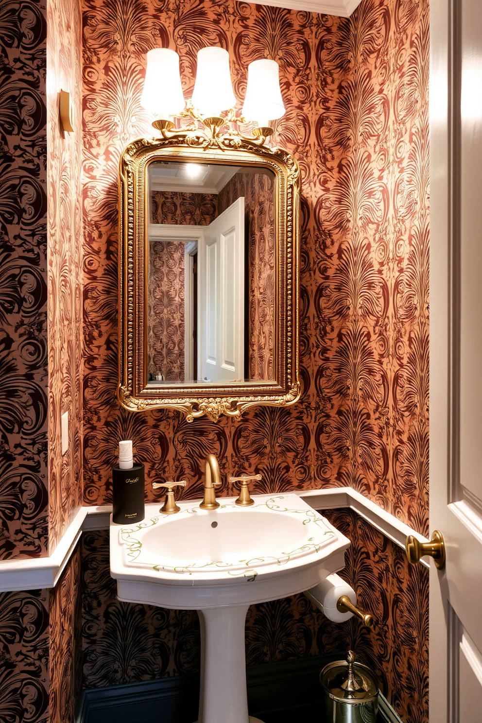 A luxury powder room featuring bold wallpaper with intricate patterns that create a stunning visual impact. The space includes a chic pedestal sink with a stylish faucet and a large ornate mirror that reflects the elegance of the room.