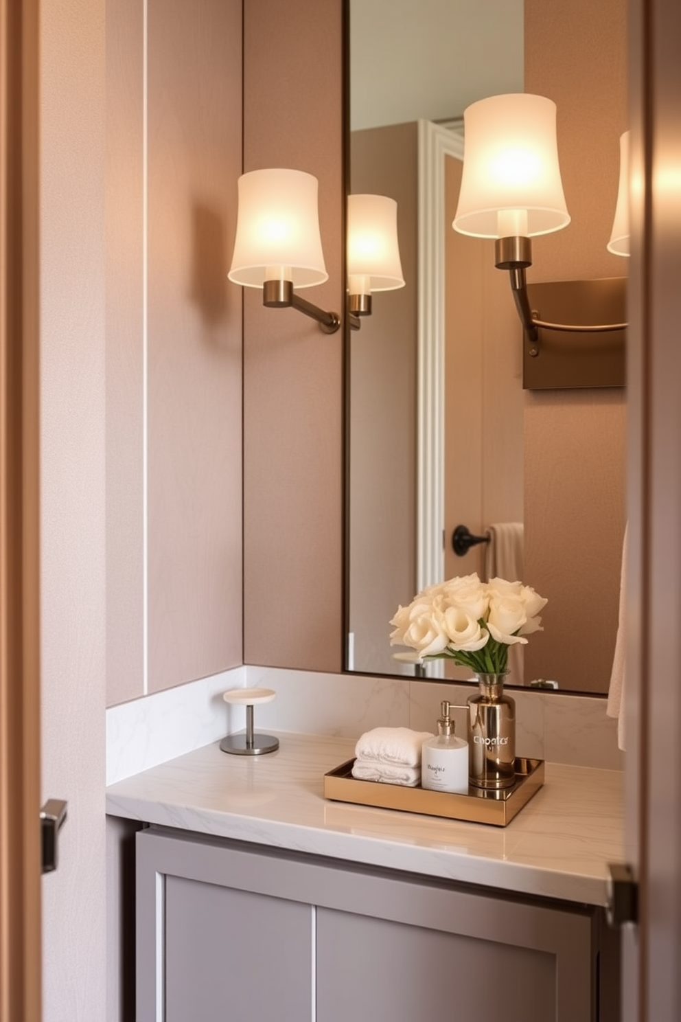 A luxury powder room featuring a glass shower enclosure that creates an open and airy atmosphere. The walls are adorned with elegant wallpaper in soft pastel tones and the flooring is a polished marble that reflects the light beautifully.