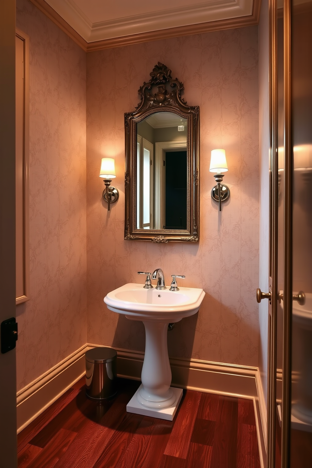 A luxury powder room features decorative accents with metallic finishes that enhance the elegance of the space. Gleaming gold and silver elements are strategically placed to create a sophisticated ambiance. The walls are adorned with a rich, deep color that contrasts beautifully with the metallic accents. A stunning chandelier with crystal details hangs above, providing both light and a touch of glamour.