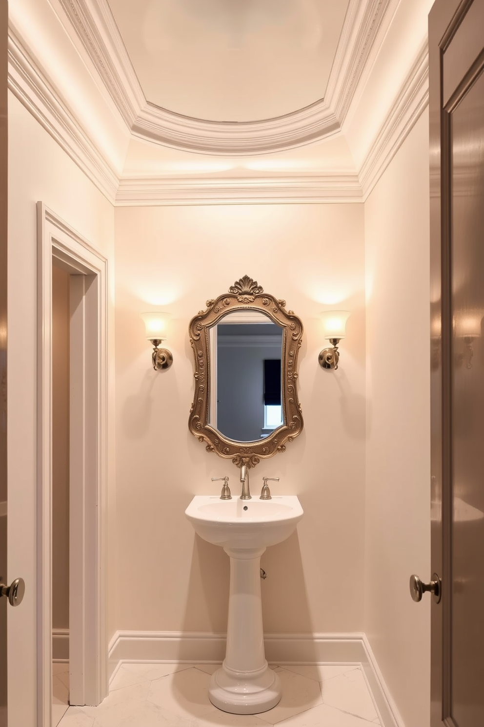 Crown molding gracefully frames the ceiling, enhancing the elegance of the luxury powder room. The walls are adorned with a soft, neutral hue that complements the rich textures of the space. A sleek pedestal sink serves as the focal point, paired with a stylish, ornate mirror above it. Elegant sconces flanking the mirror provide warm, inviting lighting, creating a serene atmosphere.