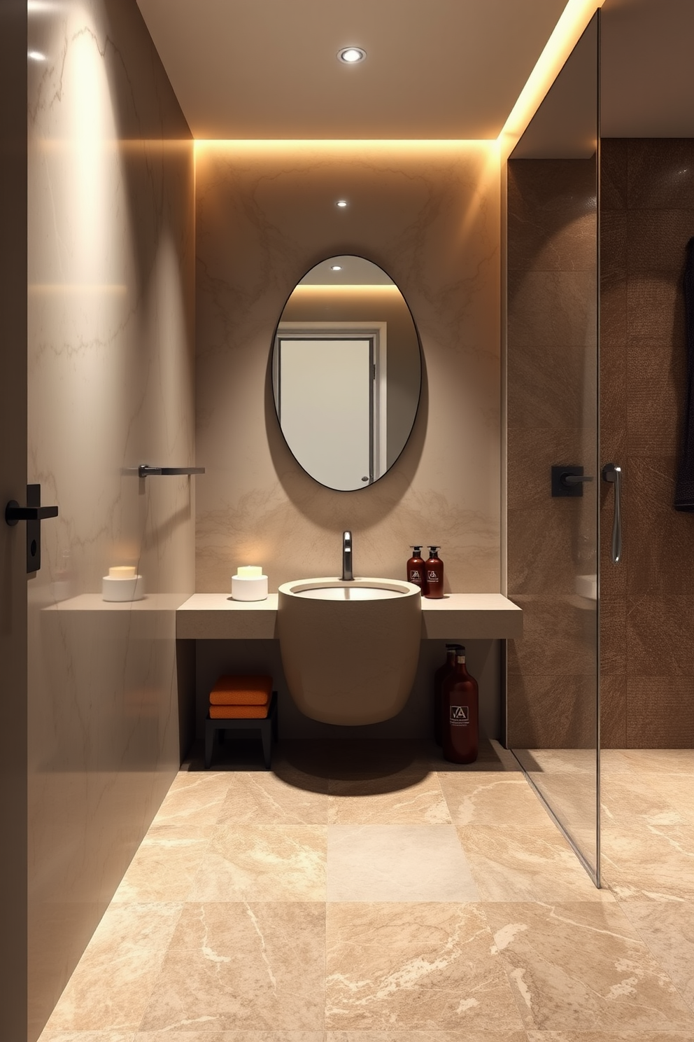 A luxury powder room featuring natural stone floors that exude timeless elegance. The walls are adorned with soft, ambient lighting and rich textures to create a warm, inviting atmosphere.