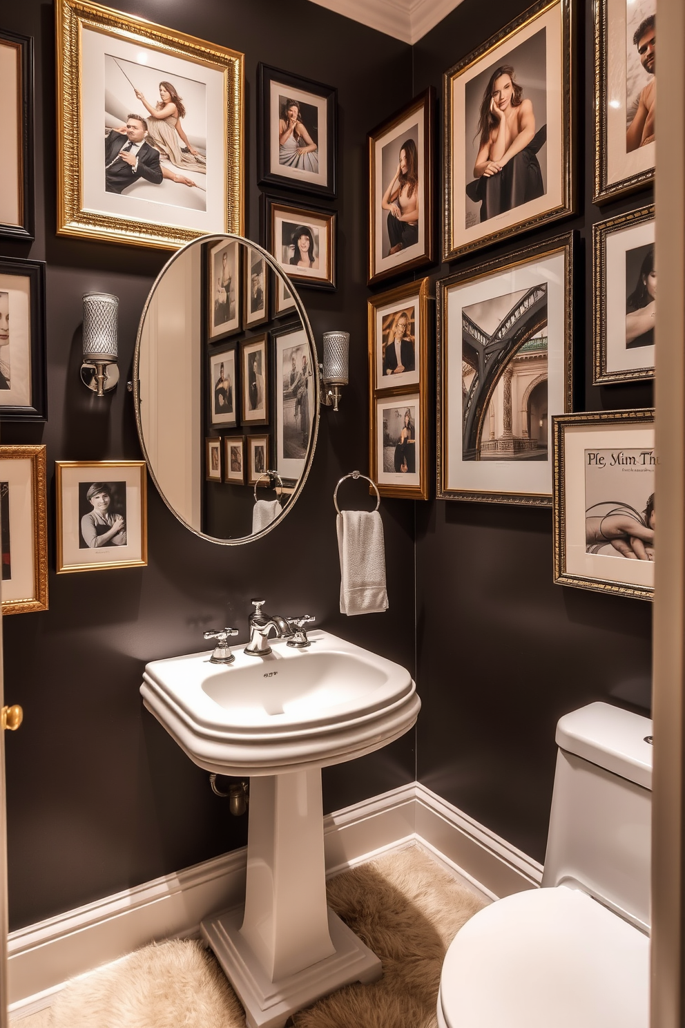 A luxury powder room featuring colorful mosaic tiles that create a vibrant and inviting atmosphere. The space is accented with elegant fixtures and a stylish pedestal sink that complements the playful tile design.