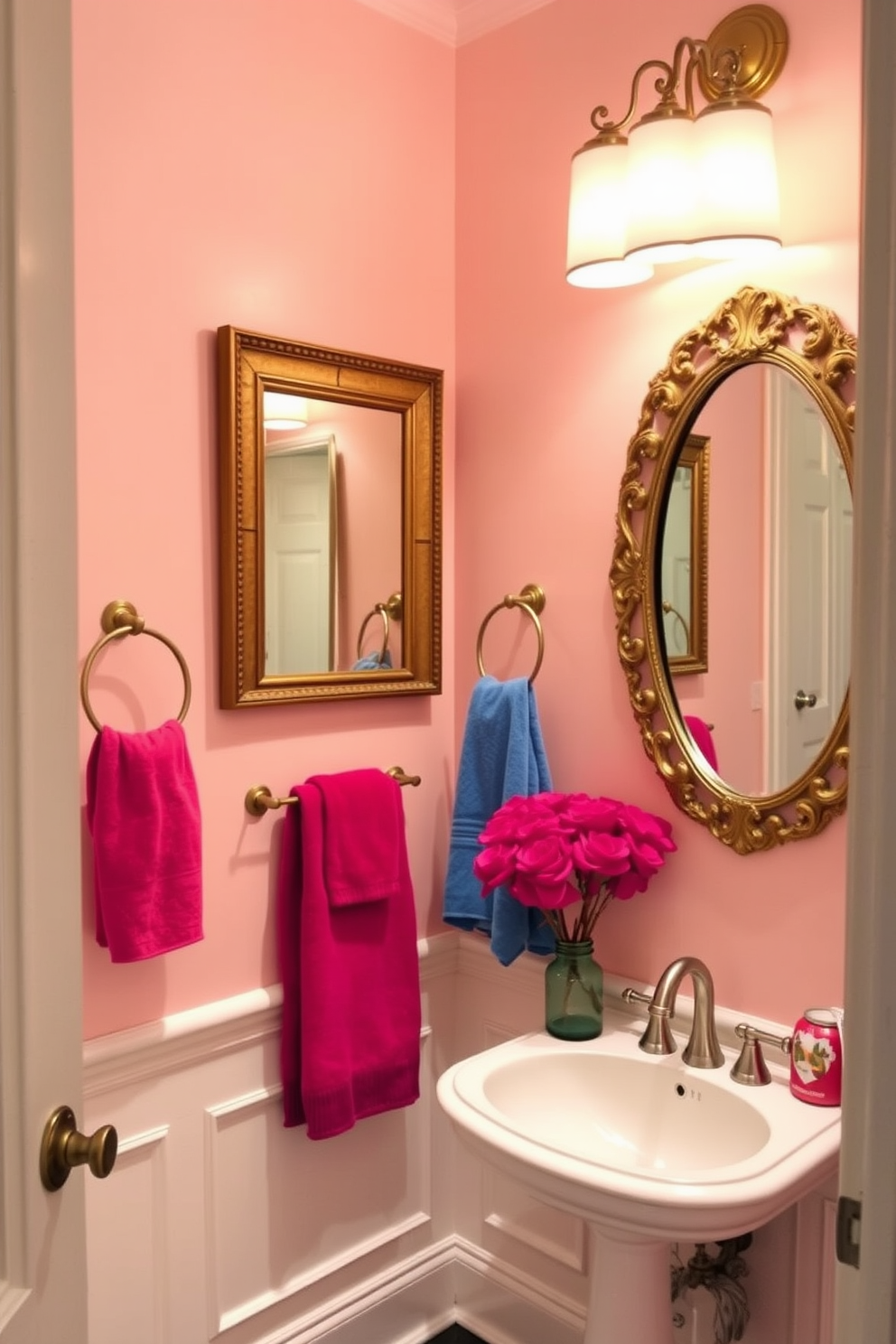 A luxurious powder room featuring bold color pops through accessories and decor. The walls are painted in a soft neutral shade, allowing vibrant towels and decorative items to stand out. A statement mirror with an ornate frame reflects the playful hues of the room. A chic pedestal sink complements the vibrant accents, creating an inviting and stylish atmosphere.