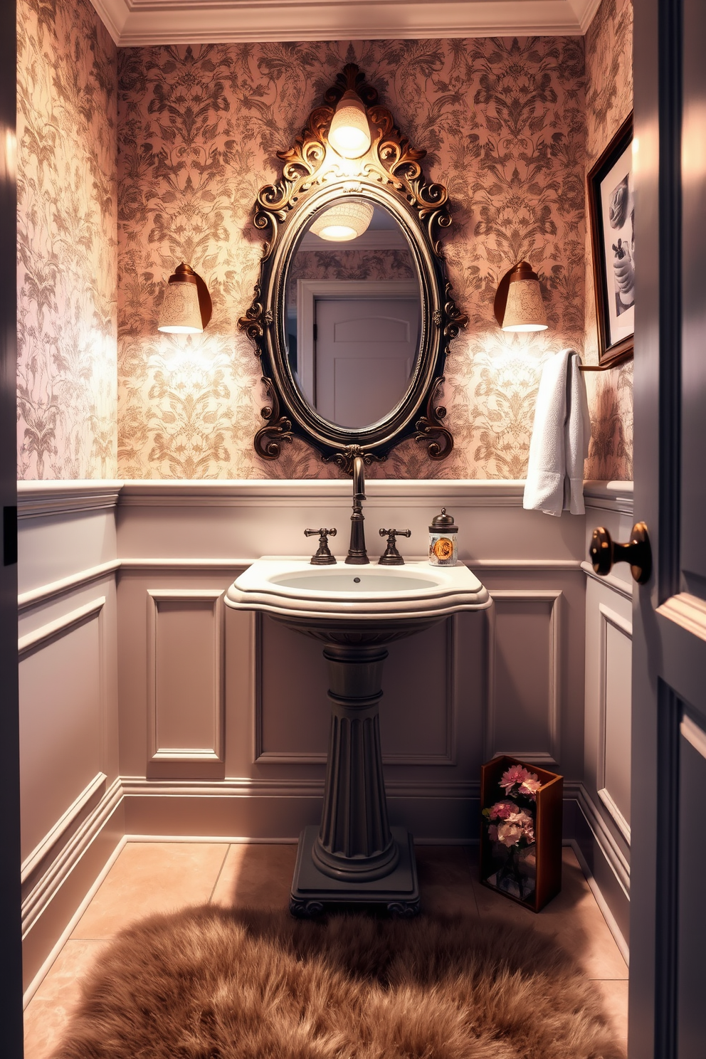 A luxury powder room featuring vintage-inspired fixtures that evoke a classic charm. The space includes a pedestal sink with intricate detailing and a vintage-style faucet, complemented by an ornate mirror above it. Soft ambient lighting casts a warm glow, highlighting the rich textures of the wallpaper and the elegant wainscoting. A plush area rug in muted tones adds comfort, while decorative accents like a small vase of fresh flowers enhance the overall aesthetic.