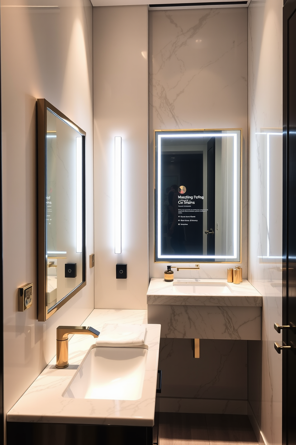 A luxury powder room designed with smart technology seamlessly integrated into the space. The walls are adorned with sleek, high-tech fixtures that control lighting and temperature, creating an ambiance of comfort and sophistication. The vanity features a touchless faucet and a smart mirror that provides personalized lighting options. Elegant finishes like marble countertops and gold accents enhance the modern aesthetic while ensuring convenience for guests.