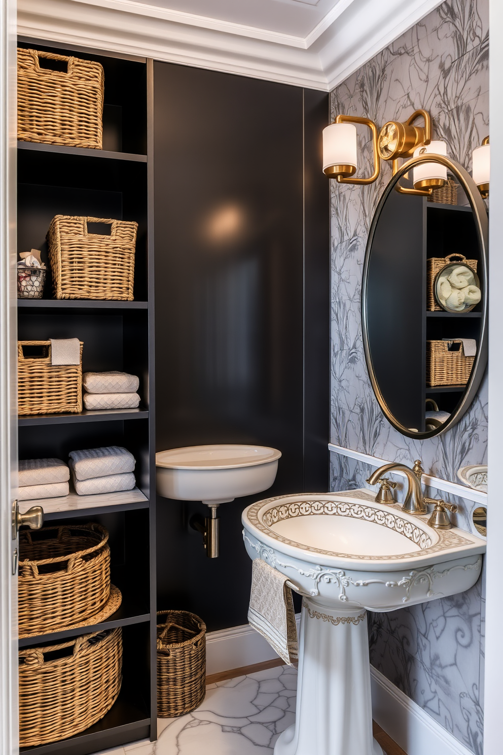 Artisan-crafted details create a bespoke appeal in this luxury powder room. The walls are adorned with intricate wainscoting, and a custom-designed vanity showcases a unique stone top with elegant fixtures. Soft ambient lighting highlights the rich textures of the space, while a stunning chandelier adds a touch of glamour. The color palette features deep jewel tones complemented by gold accents, creating an inviting and opulent atmosphere.