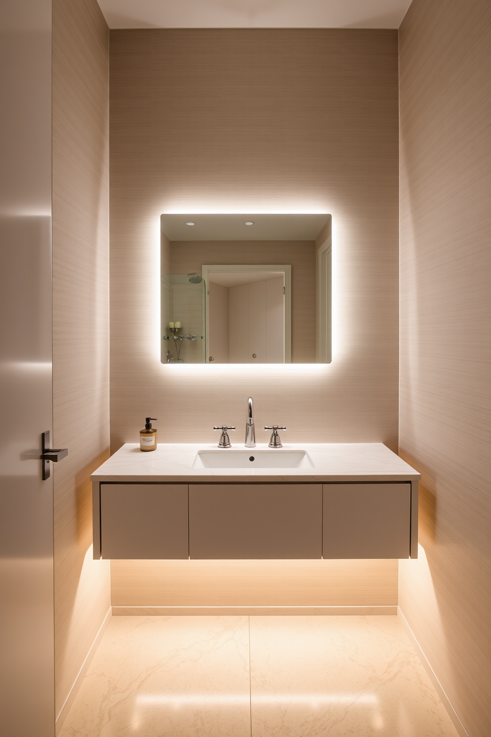 A luxurious powder room featuring an oversized mirror with an ornate frame that reflects the elegant surroundings. The walls are adorned with rich wallpaper, and the floor is covered in polished marble tiles, creating a sophisticated ambiance.