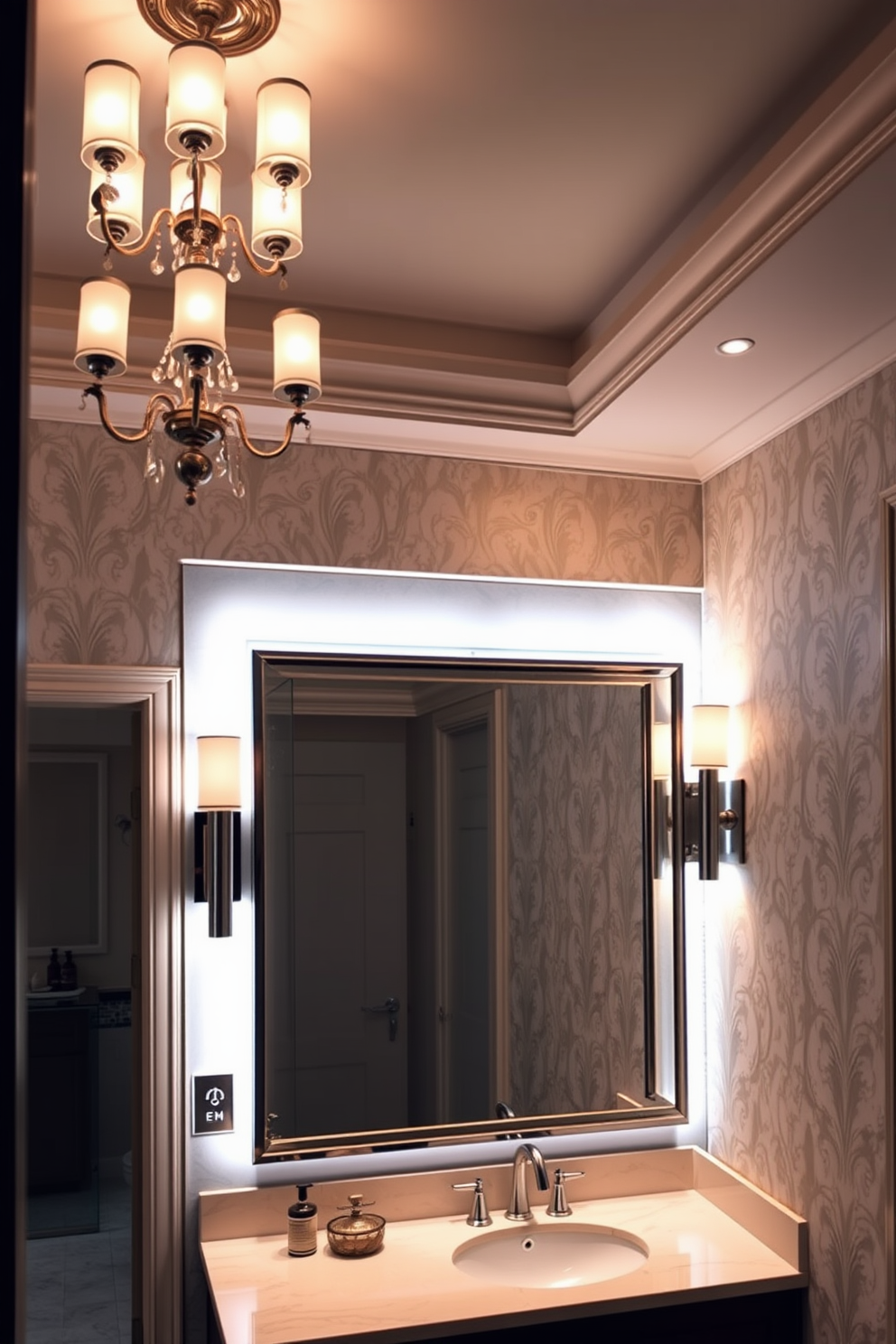 A luxury powder room that features layered lighting to create a versatile ambiance. The space includes a stylish chandelier, wall sconces, and recessed lighting that can be adjusted for different moods. The walls are adorned with elegant wallpaper in soft hues, complemented by a sleek vanity with a polished countertop. A large decorative mirror reflects the warm light, enhancing the room's inviting atmosphere.