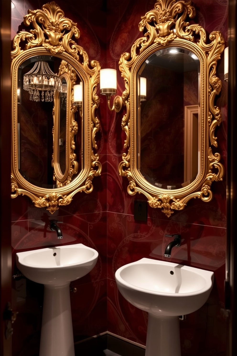 A luxurious powder room featuring vintage mirrors elegantly framed in ornate gold. The modern sinks are sleek and minimalist, complementing the rich textures of the room.