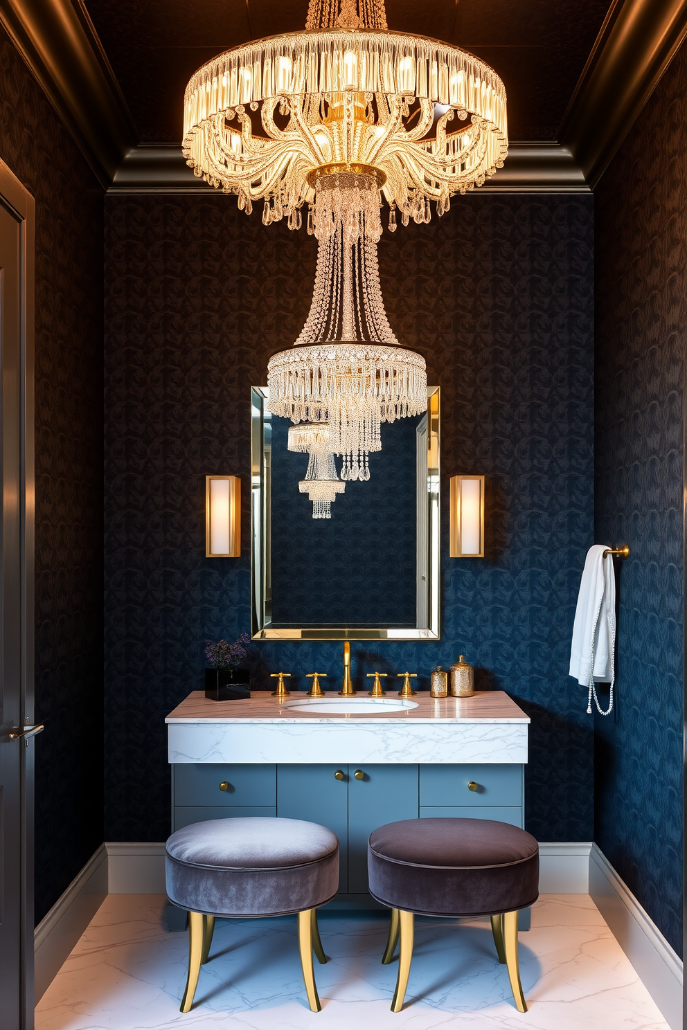 A luxury powder room featuring richly textured wallpaper that creates a dramatic backdrop. The space is adorned with elegant fixtures and a stylish vanity, enhancing the overall opulence.