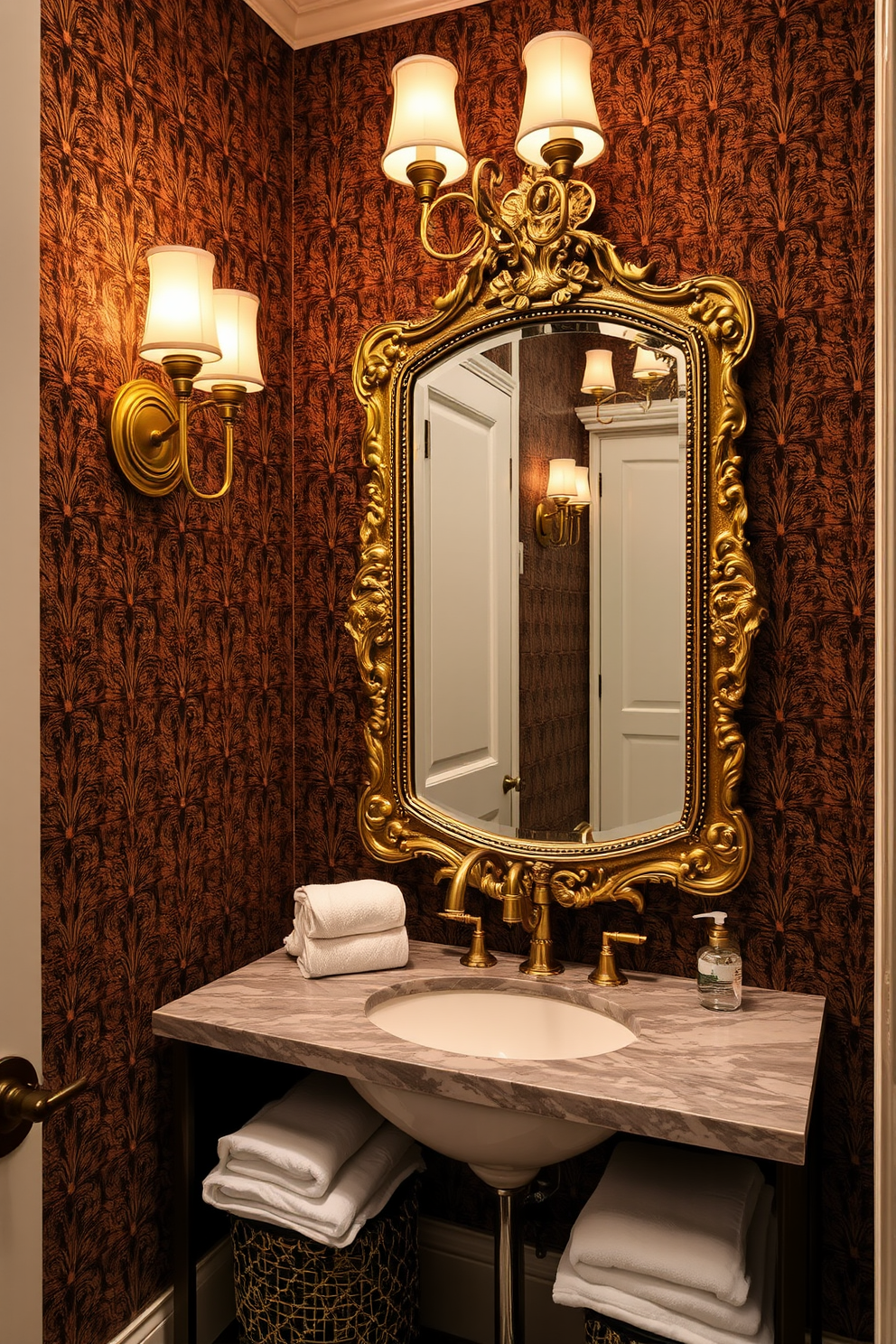 Textured wallpaper in a luxury powder room creates a striking focal point that elevates the overall design. The walls are adorned with rich, tactile patterns that add depth and interest, complemented by elegant lighting fixtures that cast a warm glow. A statement mirror with an ornate frame enhances the opulence of the space while reflecting the intricate details of the wallpaper. Soft, plush towels and high-end accessories complete the look, ensuring a sophisticated and inviting atmosphere.