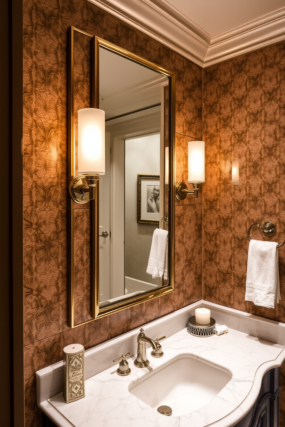 A bold color palette featuring deep blues and vibrant golds creates a striking look in this luxury powder room. The walls are adorned with a rich blue wallpaper that has intricate gold patterns, and the ceiling is painted a glossy gold to reflect light beautifully. A sleek, modern vanity in a high-gloss black finish contrasts elegantly with the bold colors. Above the vanity, an oversized round mirror with a gold frame enhances the sense of space and sophistication.