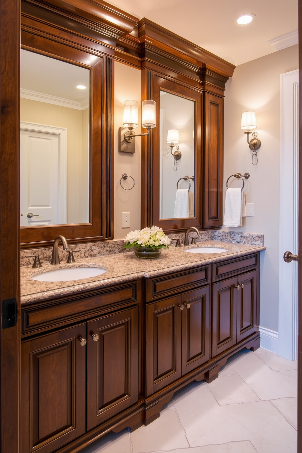 Rich wood cabinetry with polished finishes creates an inviting atmosphere in the luxury powder room. Elegant lighting fixtures cast a warm glow, highlighting the intricate details of the cabinetry and enhancing the overall sophistication of the space.