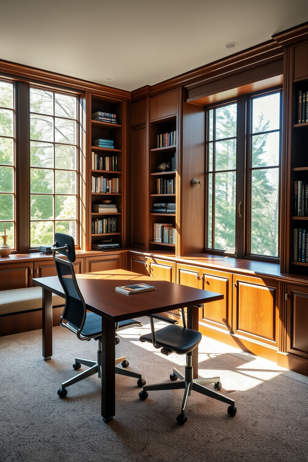 A functional workspace features a sleek wooden desk paired with an ergonomic chair that provides excellent lumbar support. Natural light floods the room through large windows, illuminating the space and creating an inviting atmosphere. The luxury study room is adorned with rich wood paneling and plush carpeting, enhancing the sense of comfort and sophistication. A wall of built-in bookshelves showcases an extensive collection of books and decorative items, adding character to the room.