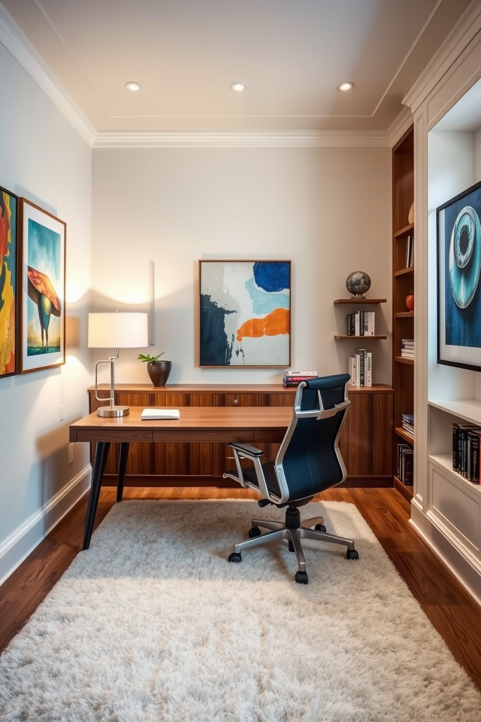 A luxury study room with contemporary artwork adorning the walls. The space features a sleek wooden desk paired with an ergonomic chair, illuminated by a stylish desk lamp. The color palette consists of soft neutrals with pops of vibrant hues from the artwork. A plush area rug anchors the room, while built-in shelves display books and decorative objects that inspire creativity.