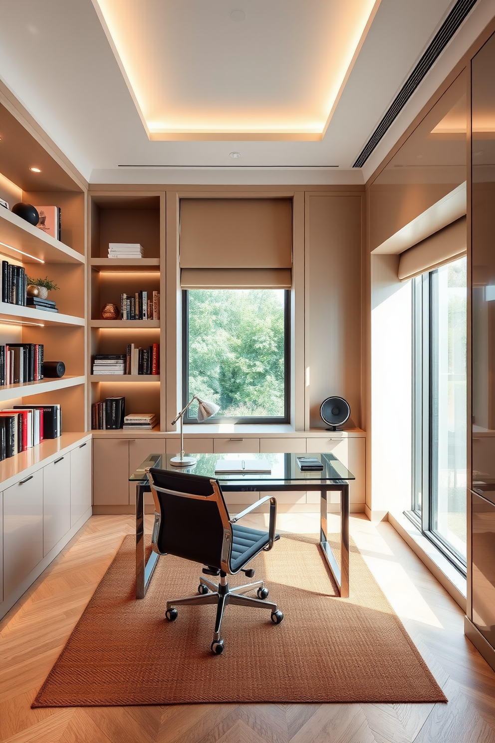 A luxury study room featuring sleek built-in shelves lined with books and decorative items. A modern desk with a glass top and ergonomic chair sits in front of a large window, allowing natural light to flood the space. The room is adorned with smart lighting that adjusts to the time of day, creating an inviting atmosphere. A high-end sound system is discreetly integrated into the walls, providing a perfect audio experience without clutter.