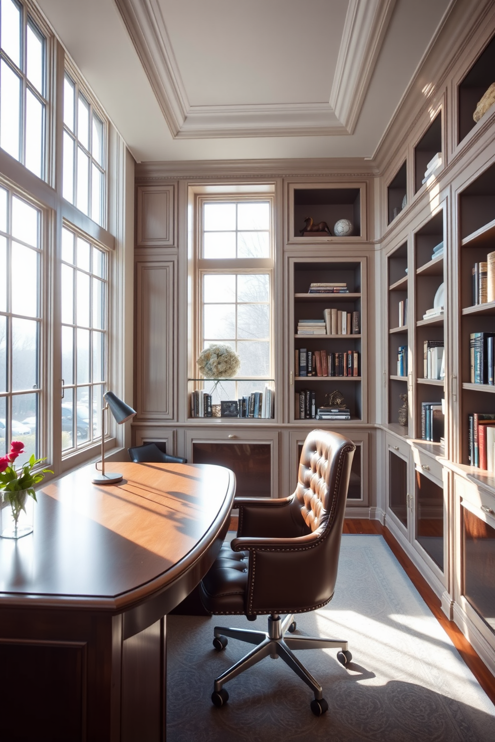 A luxurious study room filled with natural light streaming through large windows. The space features a sleek wooden desk with an elegant leather chair, complemented by built-in bookshelves filled with curated books and decorative items.