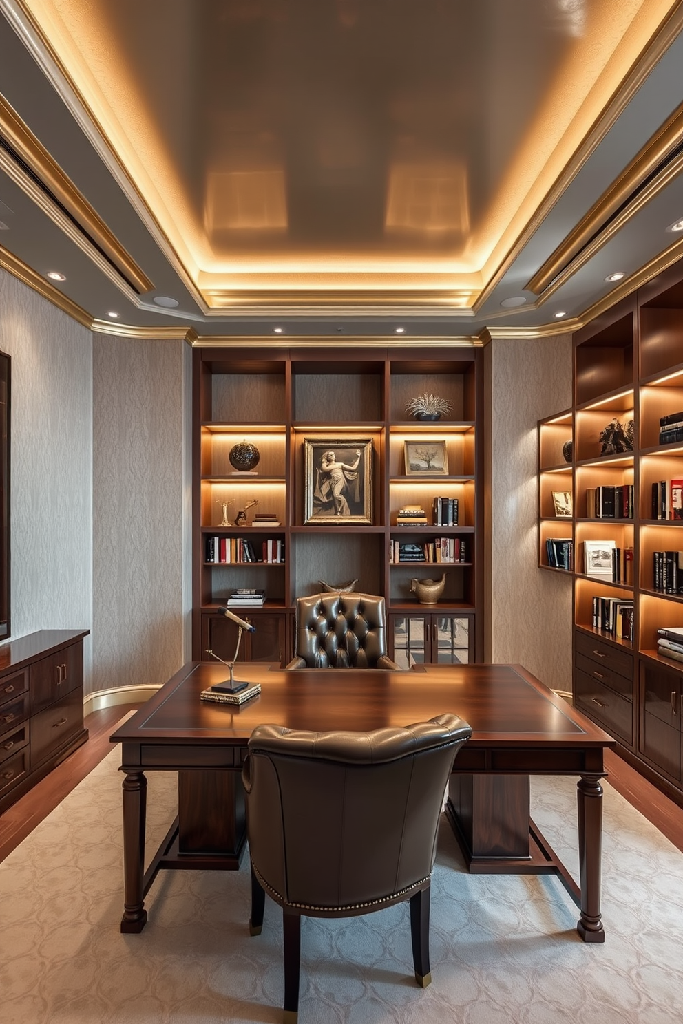 A luxury study room featuring subtle metallic finishes that enhance the elegance of the space. The walls are adorned with soft taupe wallpaper and the ceiling showcases a delicate metallic trim that reflects light beautifully. A large wooden desk with a polished finish sits in the center, complemented by a plush leather chair. Elegant shelves lined with books and decorative items are highlighted with warm metallic accents, creating a sophisticated atmosphere.