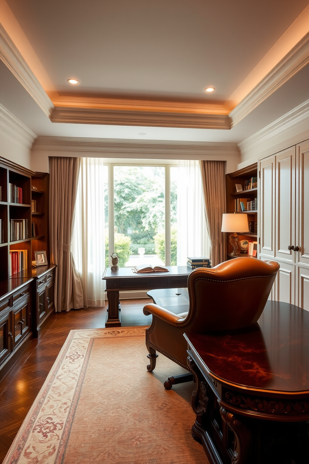 A luxury study room designed for comfort and elegance. The room features a large wooden desk with intricate carvings and a plush leather chair that invites long hours of work. Soft ambient lighting illuminates the space, highlighting a collection of books on custom-built shelves. A large window offers a view of the garden, with sheer curtains allowing natural light to filter in gently.