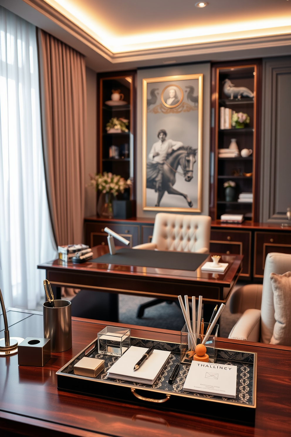 A luxury study room bathed in natural light streaming through large floor-to-ceiling windows. The space features a sleek wooden desk paired with an ergonomic leather chair, complemented by built-in bookshelves filled with an array of books and decorative items.