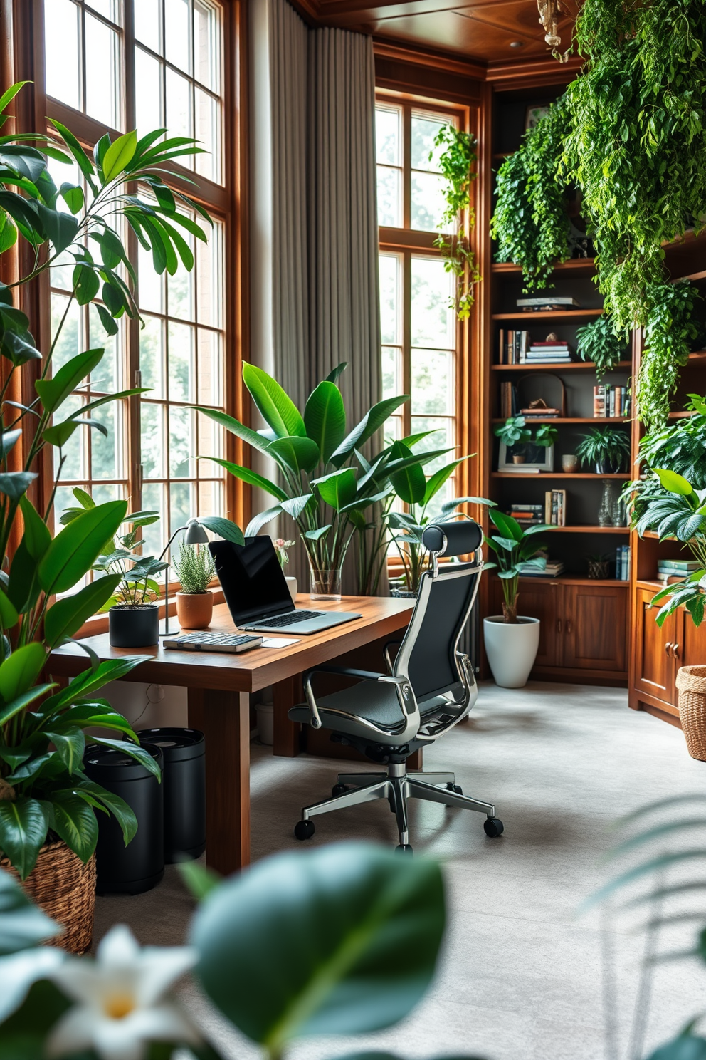 A luxury study room filled with greenery and vibrant indoor plants. The room features a sleek wooden desk paired with an ergonomic chair, surrounded by lush potted plants that bring a sense of freshness to the space. Large windows allow natural light to flood in, illuminating the rich textures of the decor. A stylish bookshelf lines one wall, adorned with books and decorative items, creating an inviting and sophisticated atmosphere.