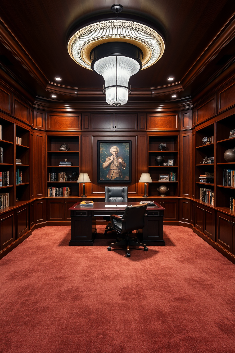 A luxury study room featuring a unique light fixture as the focal point. The room is adorned with rich wood paneling and plush carpeting in deep hues. A large mahogany desk sits in the center, complemented by an ergonomic leather chair. Shelves filled with books and decorative items line the walls, adding character and warmth to the space.