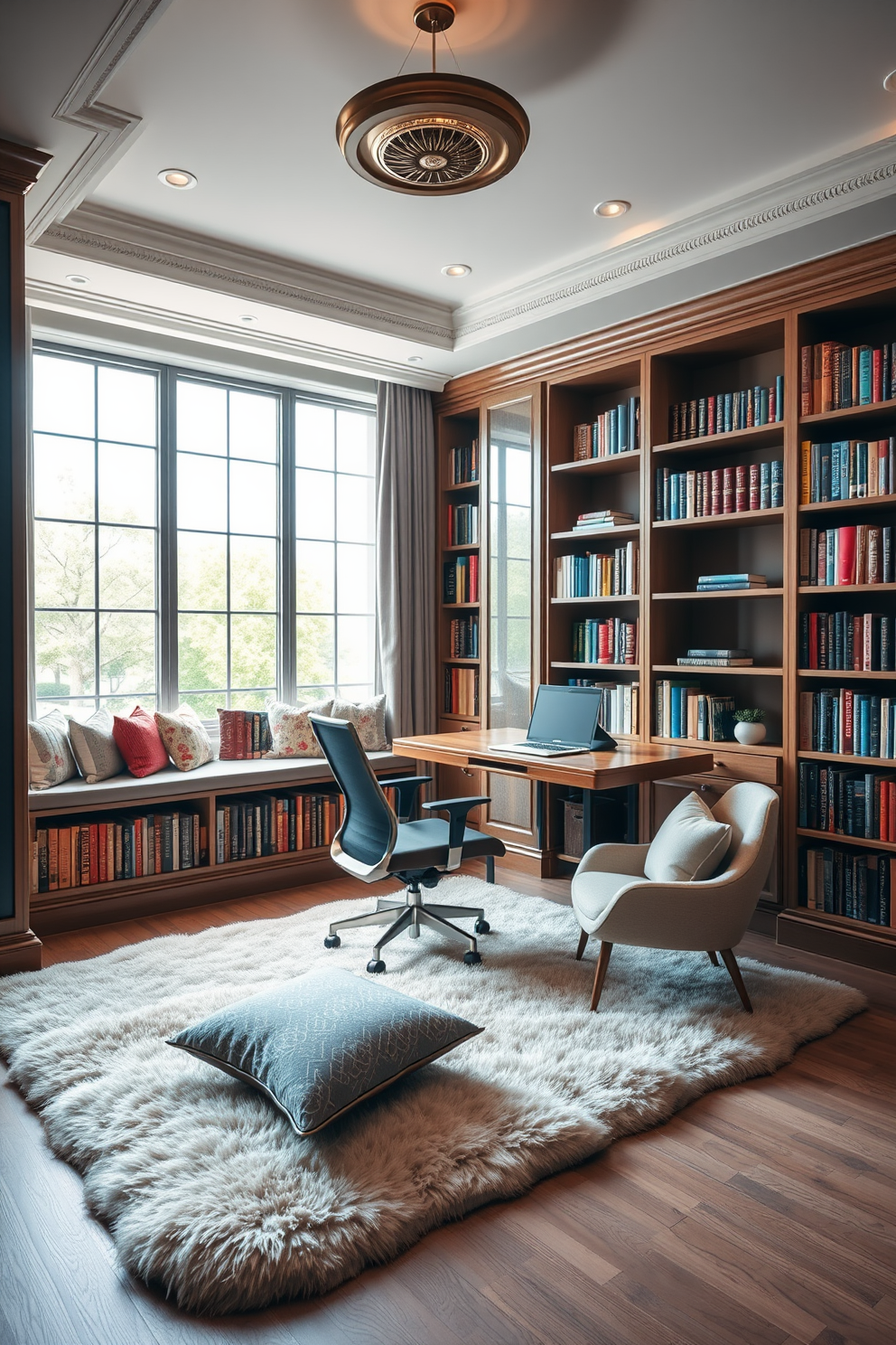 A luxury study room designed for comfort and elegance features a large mahogany desk positioned in the center. The walls are adorned with inspirational quotes framed in sleek black frames, creating an atmosphere of motivation and creativity. Plush leather chairs are placed around the desk, complemented by a rich area rug that adds warmth to the space. A tall bookshelf filled with books and decorative items lines one wall, enhancing the sophisticated ambiance of the room.