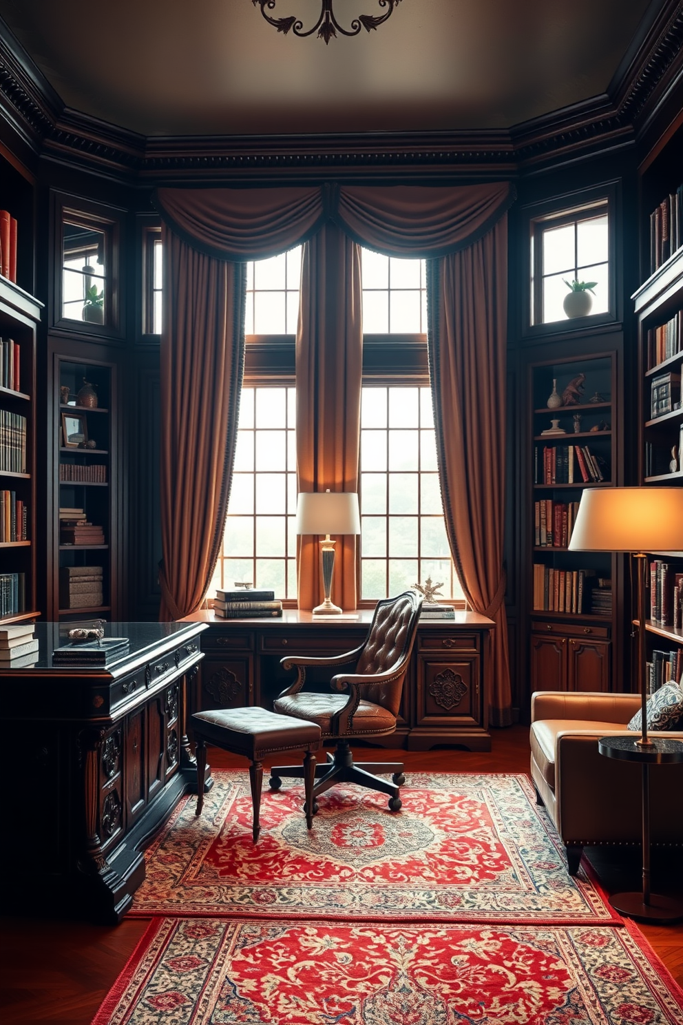 A luxury study room featuring a grand wooden desk with intricate carvings and a plush leather chair. The walls are adorned with built-in bookshelves filled with an extensive collection of books and decorative items. Large windows allow natural light to flood the room, framed by elegant drapes in a rich fabric. A stylish area rug anchors the space, and a sleek floor lamp provides additional illumination for late-night reading.